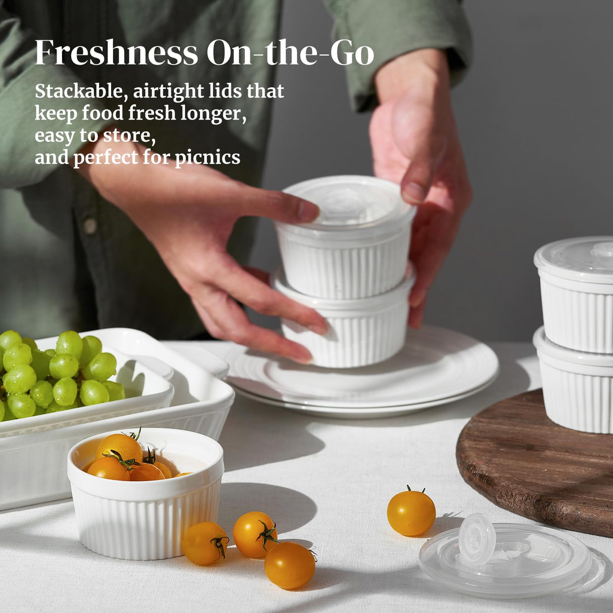 DOWAN Ramekins 8 oz Oven Safe with Lids, Creme Brulee Ramekins Bowls, Porcelain Ramiken Souffle Dishes, Custard Cups for Baking, Small Bowls for Pudding Dip Sauces Charcuterie Dessert, White, Set of 6 DOWAN