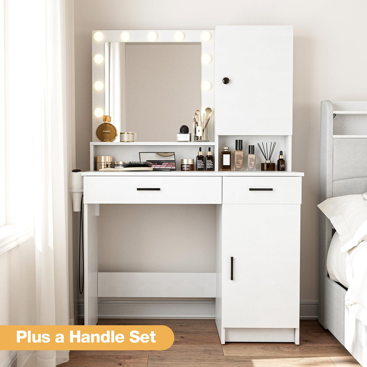 LCRBOL Makeup Vanity Desk with Mirror & Lights, Vanity Desk with 2 Drawers, Storage Shelves, Adjustable Brightness Vanity Mirror with Lights, Bedroom, White LCRBOL