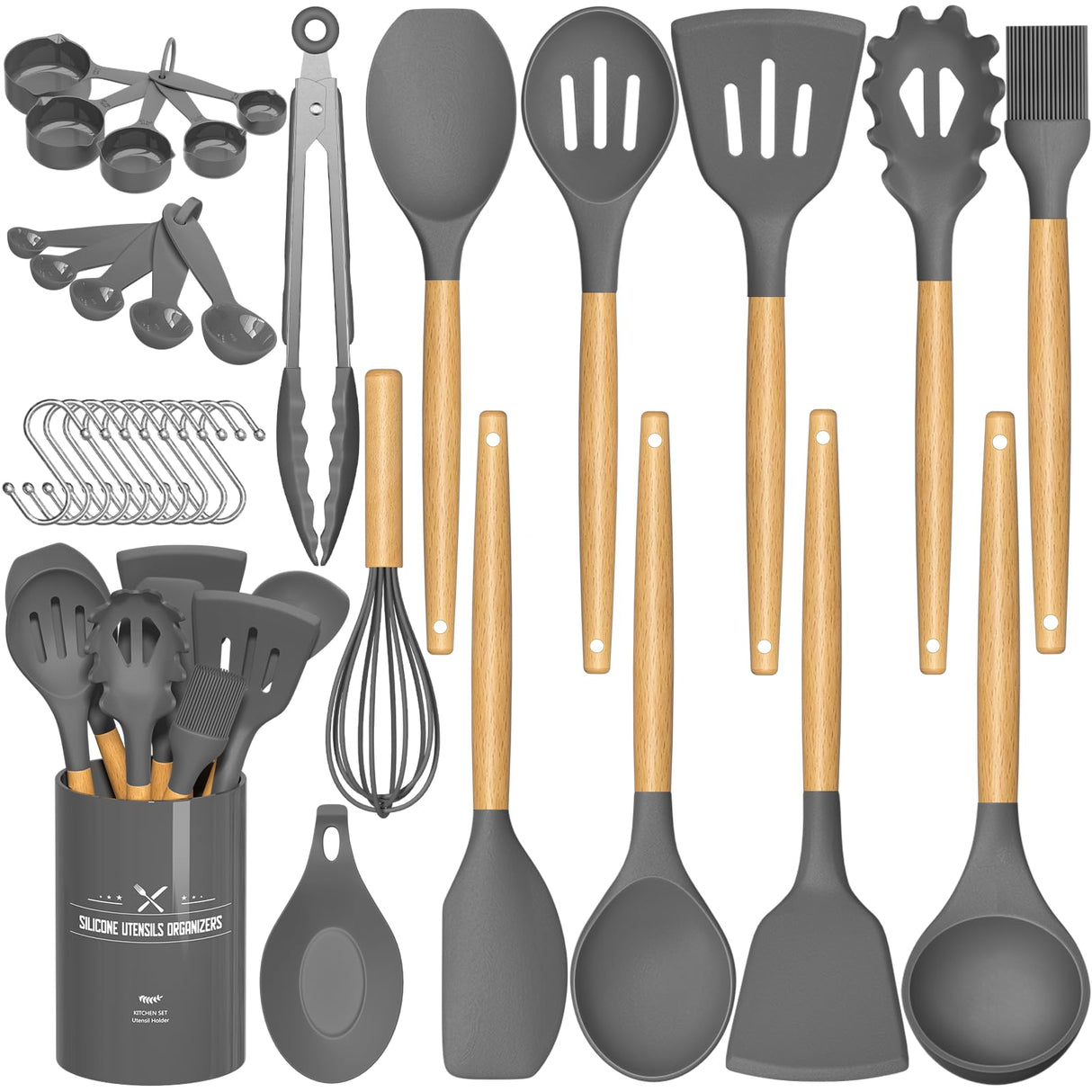 Umite Chef Kitchen Cooking Utensils Set, 33 pcs Non-stick Silicone Utensils Spatula Set with Holder, Wooden Handle Heat Resistant Silicone Kitchen Gadgets Utensil Set (Gray) Umite Chef
