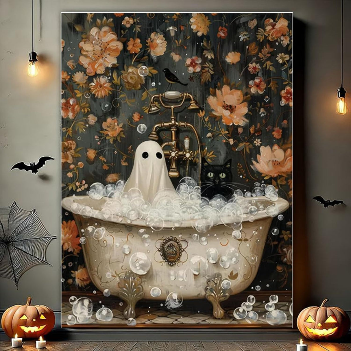 Halloween Paint by Numbers Kit for Adults Beginner-Funny Bathing Ghost and Black Cat Adult Paint by Number Kits on Canvas,Retro Horror DIY Acrylic Painting by Numbers for Gift Home Decor(16x20inch) Arttoplus
