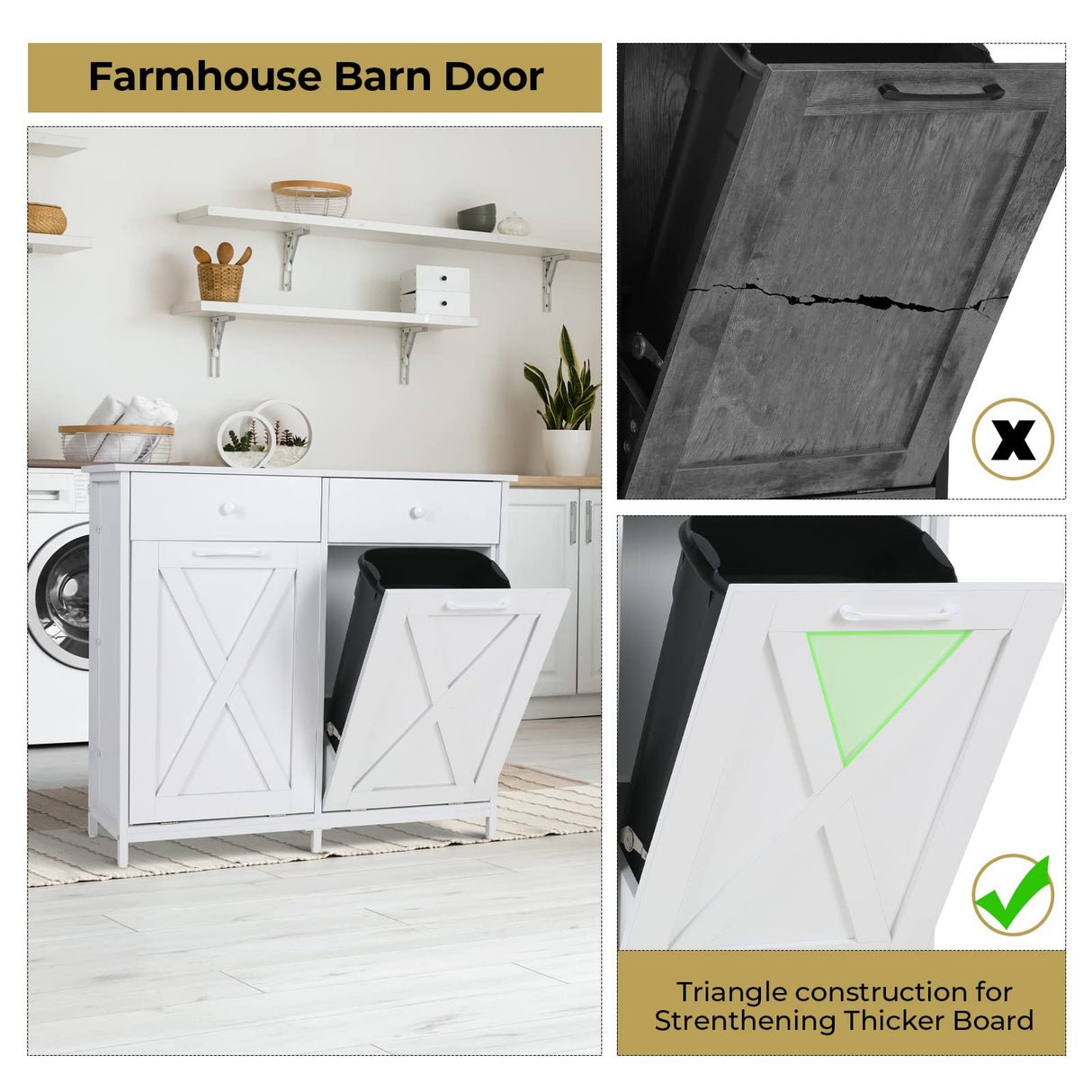 Arlopu Dual Tilt Out Trash Cabinet, 10X2 Gallon Pet Proof Kitchen Pull Out Hidden Garbage Can Cabinet, Freestand Wooden Laundry Sorter Cabinet, W/Drawer, Barn Door, for Home, Living (White) Arlopu