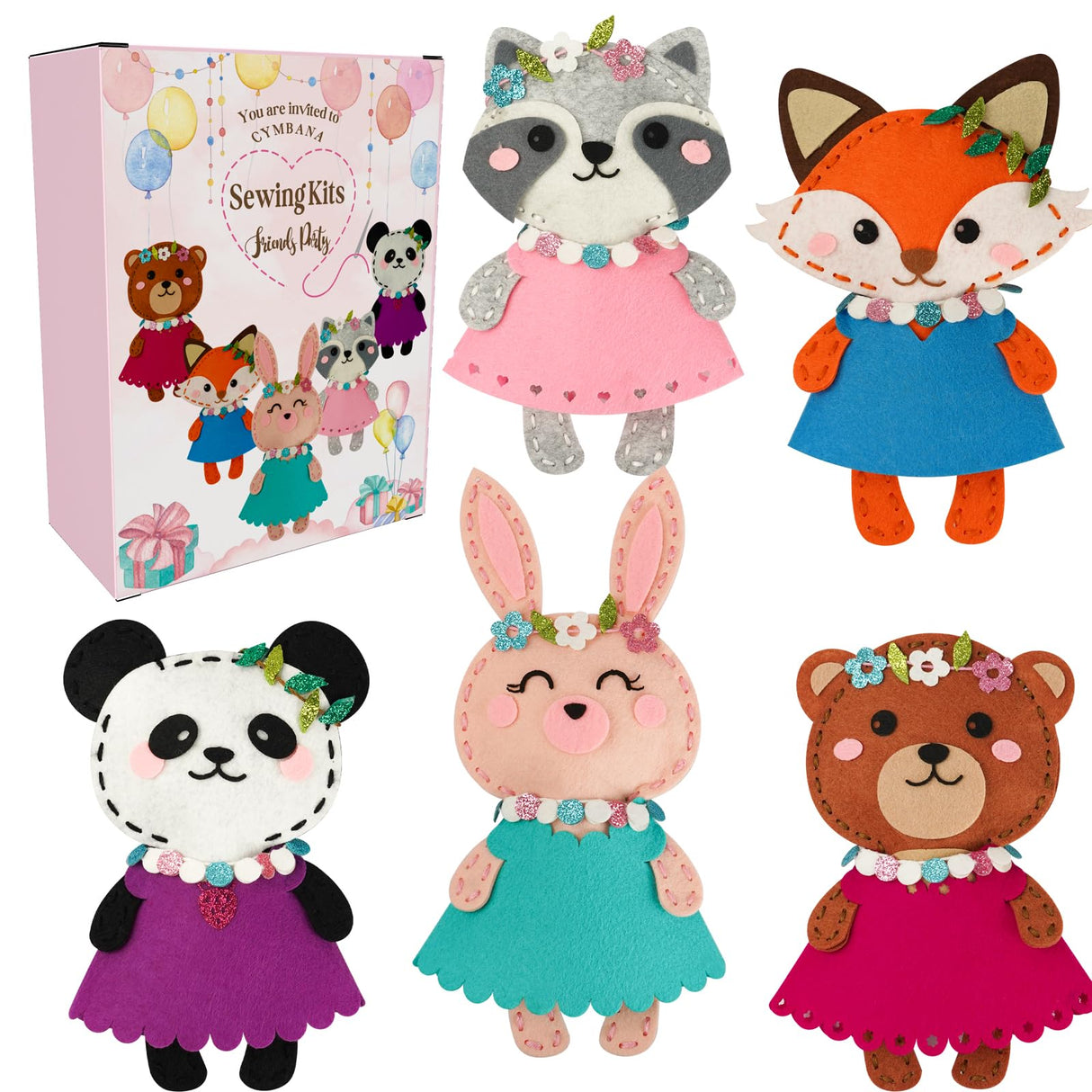 Cymbana Kid Sewing Craft Kit to Make a Friend for Beginner Felt Craft Learn to Sew, Panda Fox Bunny Raccoon Bear 5 Animals Cymbana