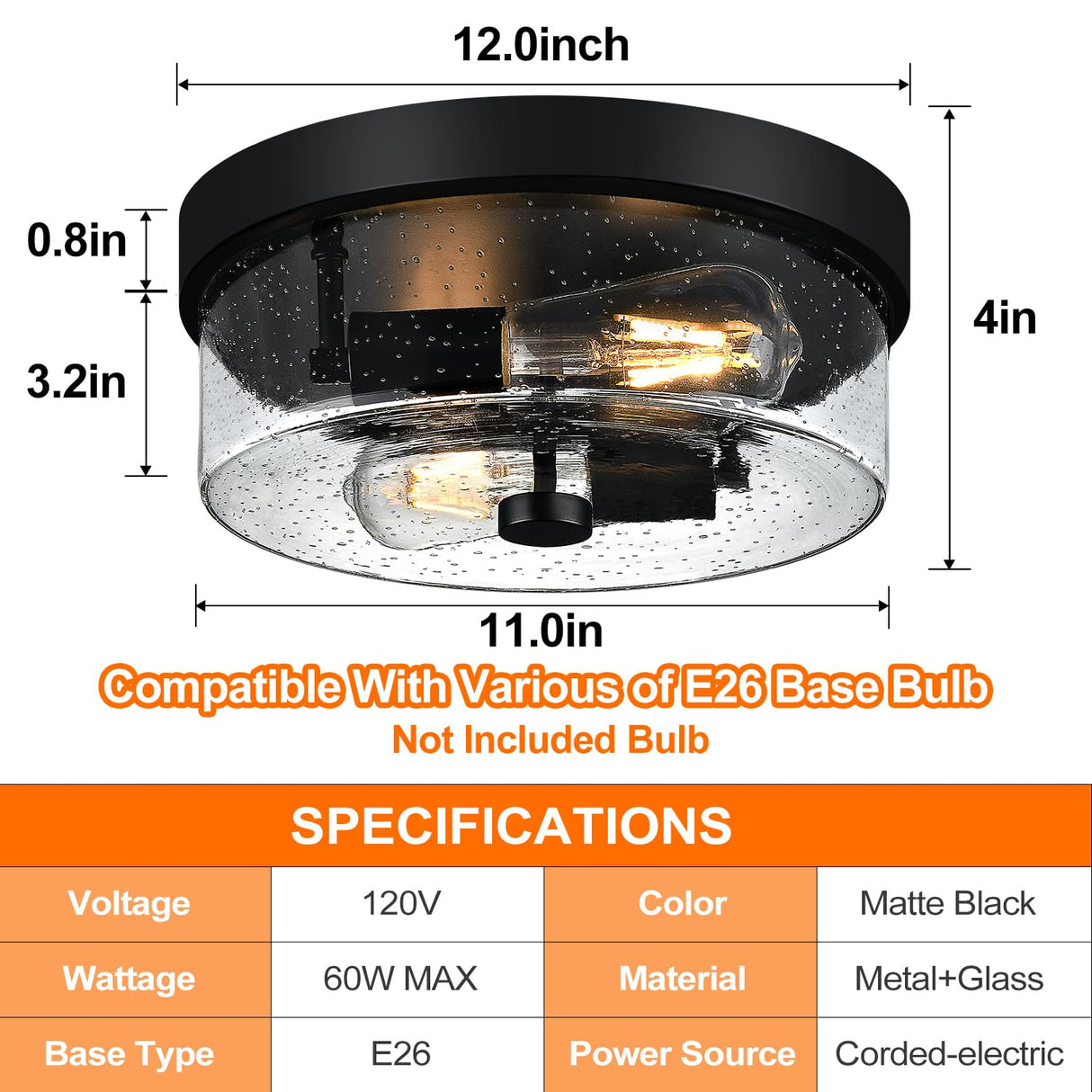 Black Flush Mount Ceiling Light Fixtures, 2-Light Ceiling Mount for Farmhouse with Seeded Glass Lampshade, Industrial Flush Mount Light Fixture Farmhouse for Hallway, Kitchen, Entryway and Foyer szzgco