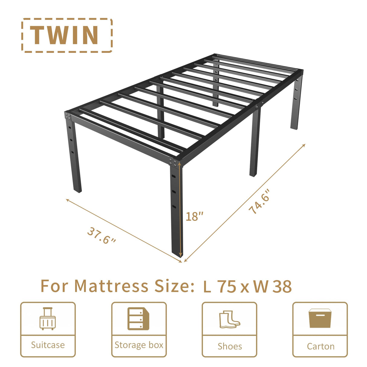 HOBINCHE 18 Inch Metal Twin Bed Frame No Box Spring Needed - Easy Assembly Heavy Duty Noise Free Narrow Bedframes - Single Black Basic Steel Slats Platform with Storage HOBINCHE
