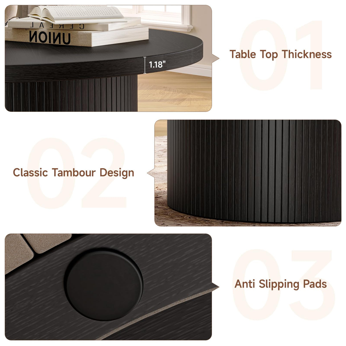 ONBRILL 31.5" Round Coffee Table, Tambour Design Coffee Tables for Living Room, Mid Century Modern Wood Coffee Table, Drum Accent Small Center Table, Black ONBRILL