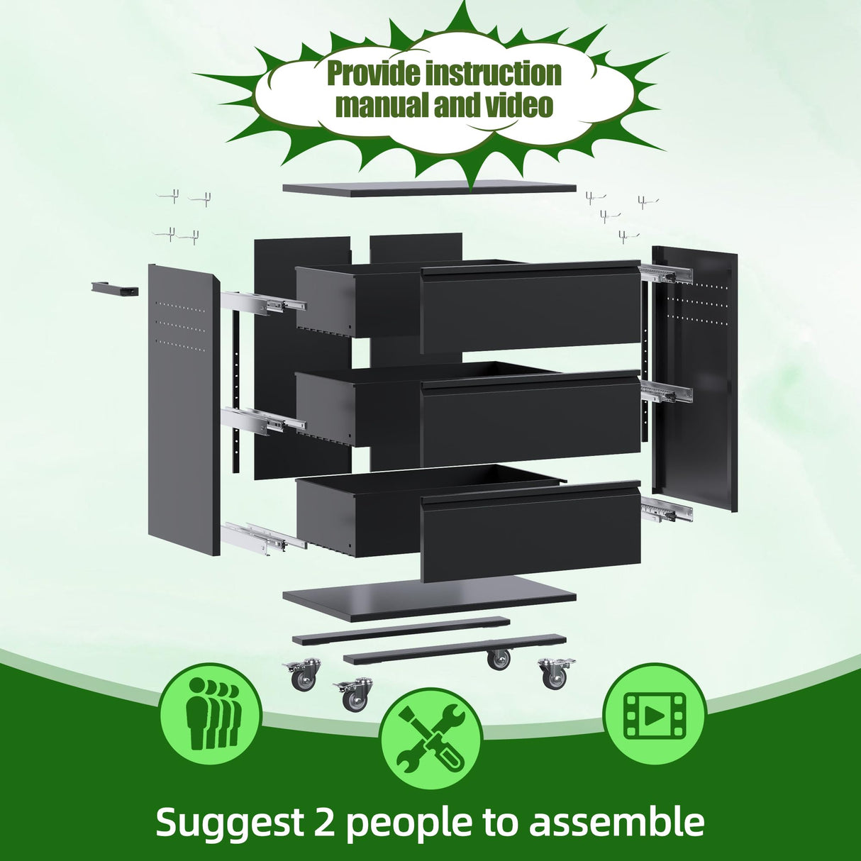 SUXXAN Metal Storage Cabinet with 3 Drawer and 4 Hooks,35.4" H Top Workbench Mobile Tool Chests Garage Cabinets with 4 Wheels,Tool Cabinets for Home,Office,Shop SUXXAN