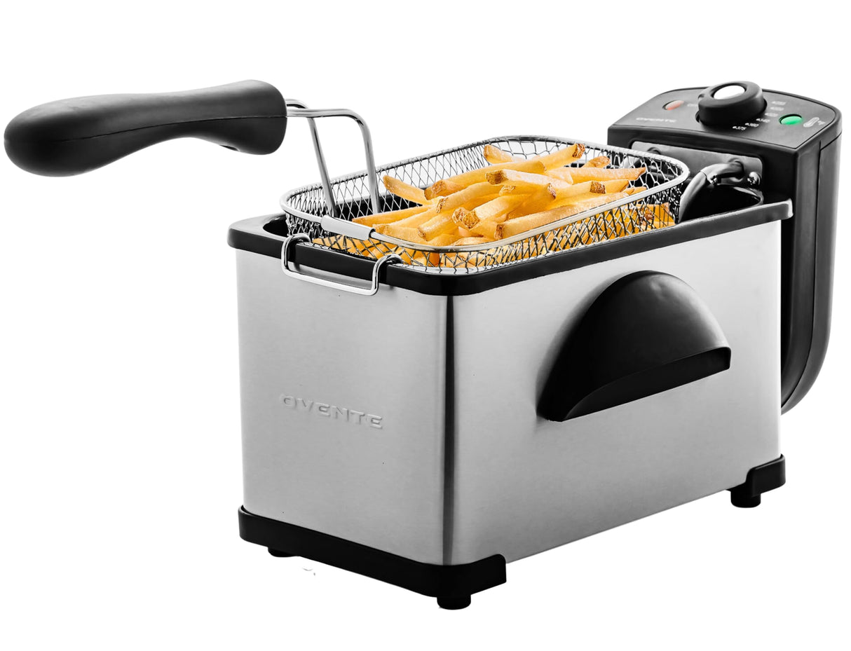 OVENTE Electric Deep Fryer 2 Liter Capacity, 1500 Watt Lid with Viewing Window and Odor Filter, Adjustable Temperature, Removable Frying Basket and Easy to Clean Stainless Steel Body, Silver FDM2201BR OVENTE