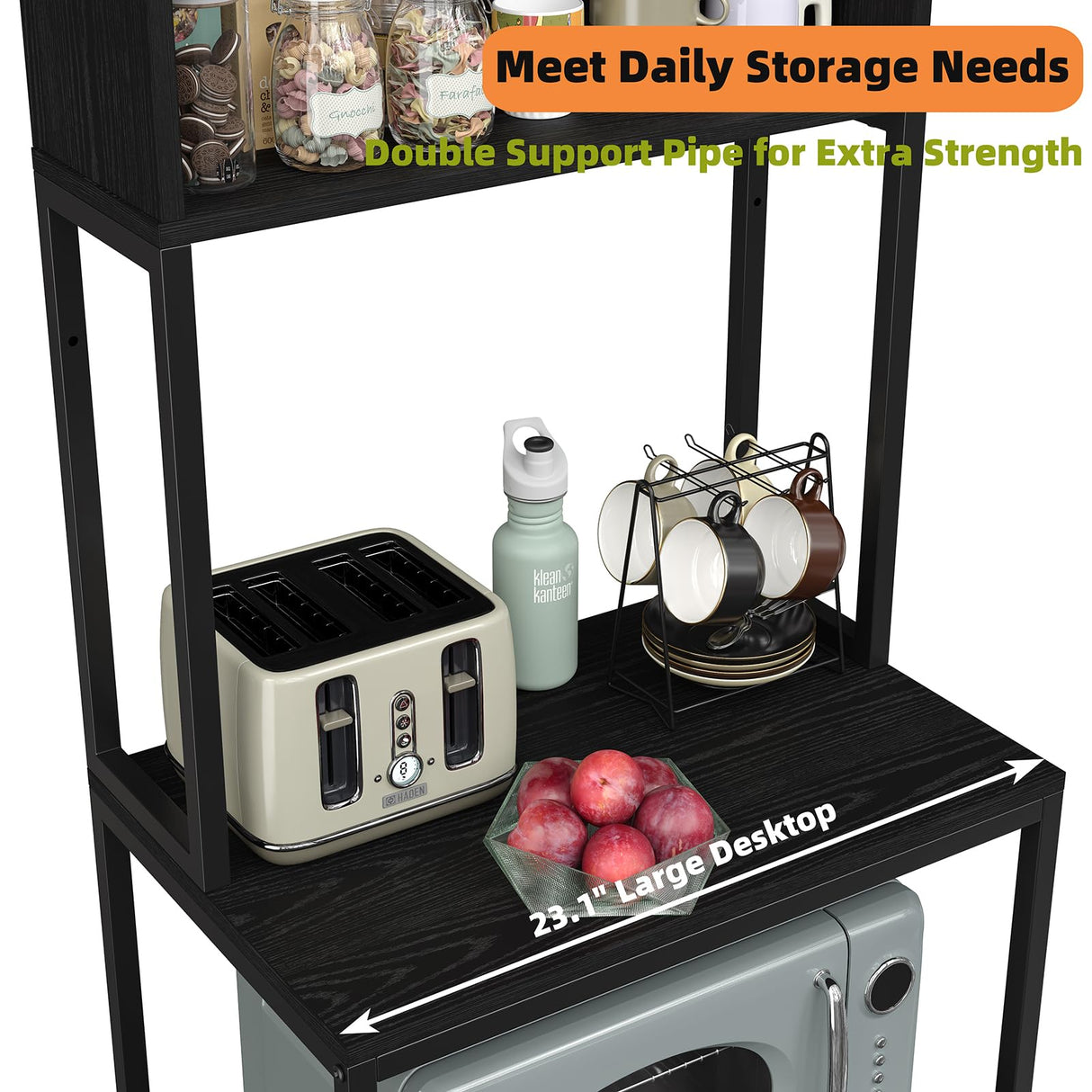 Furniouse 5-Tier Kitchen Bakers Rack with Power Outlet, Industrial Microwave Oven Stand with Storage, Kitchen Storage Shelf with Cabinet, Coffee cart, Standing Kitchen Storage Rack (Black) Furniouse