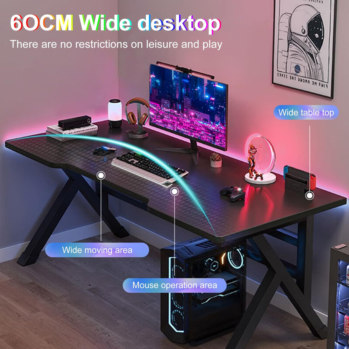Gaming Desk Computer Desk for Bedroom, 40 Inch Gamer Workstation Sturdy Gaming Table with K-Shaped Steel Legs, Writing Desk with Wide Gaming Desktop Home Office Desk with Threading Holes 60x100cm GIFZES