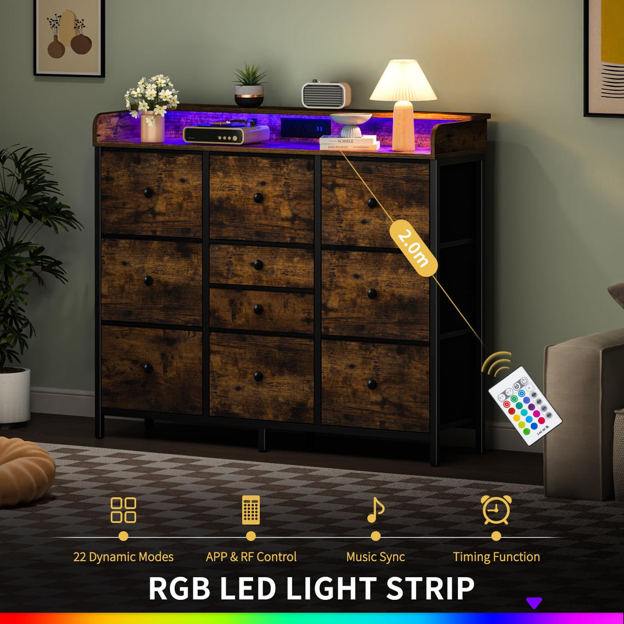 Yoobure Dresser for Bedroom with Charging Station and LED Lights, Tall Dresser TV Stand with 10 Storage Drawers,Fabric Dressers & Chests of Drawers,Wood Dresser for Bedroom Closet Organizer,Brown Yoobure