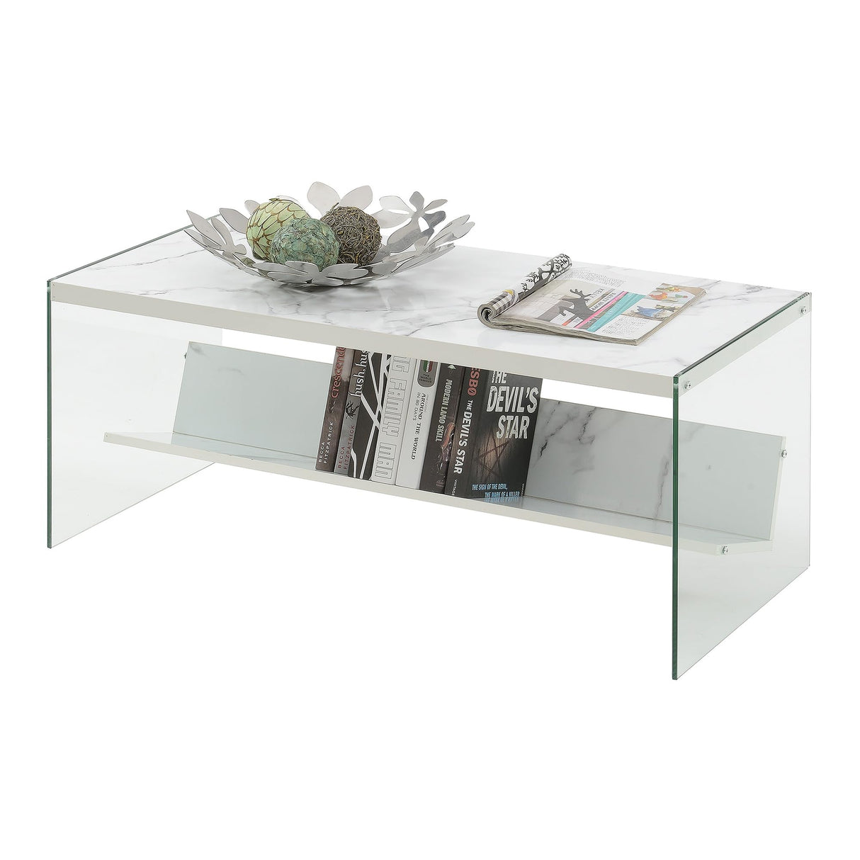 Convenience Concepts SoHo Glass Modern Living Storage Shelf, Contemporary Coffee Table for Family Room, 40", Faux White Marble Convenience Concepts