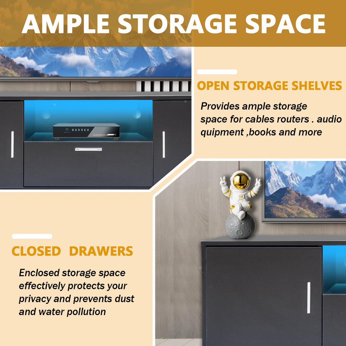 SPRKLINLIN Modern LED TV Stand for 55 Inch TV, Entertainment Center with 4 Storage Drawer and Open Shelves, TV Console Table for Living Room, Bedroom (Black, 55 inch) SPRKLINLIN