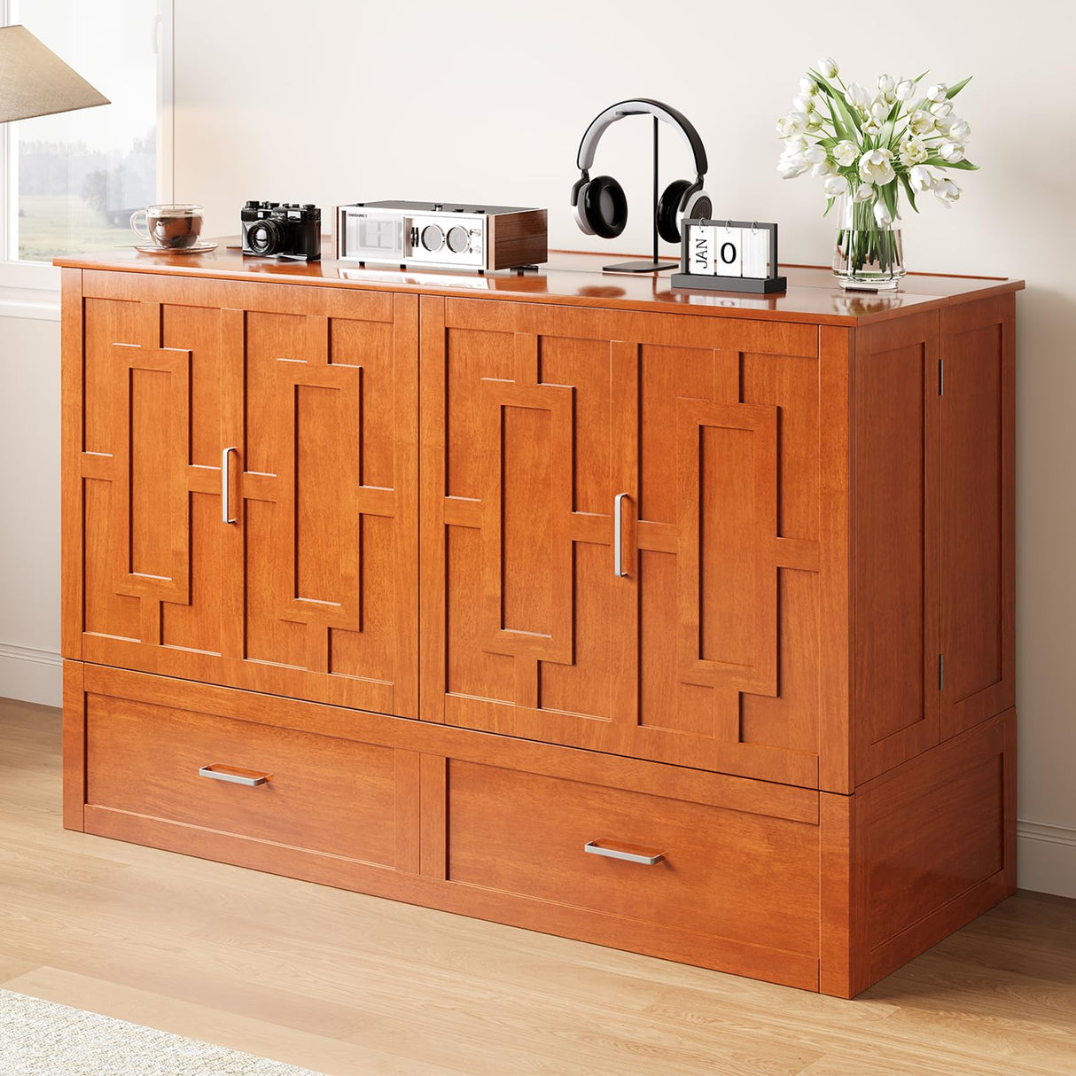 ADOWORE Queen Murphy Bed, Murphy Cabinet Bed with Built-in USB Charging Station & Large Storage Drawers, Horizontal Murphy Bed Wood Murphy Chest Bed for Bedroom, Maroon ADOWORE