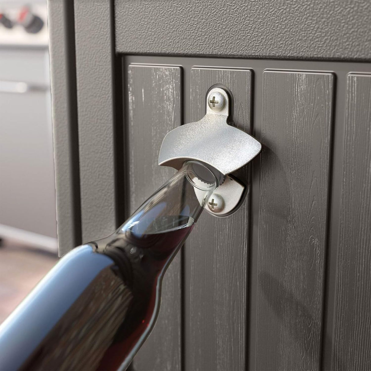 Suncast Patio Plastic Storage and Prep Station with Decorative Wicker Pattern and Multi Wall Panels for Patio, Garden, and Lawn Use, Stoney Gray Suncast