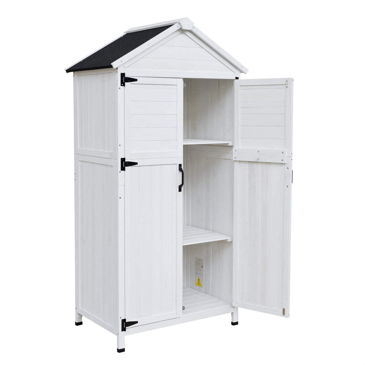 GDFStudio 67" Fir Wood Storage Shed 2 Doors Design Outdoor Tool Storage House Cabinet with Sloped Roof & 4 Interior Compartments for Garden Patio Backyard, White GDFStudio