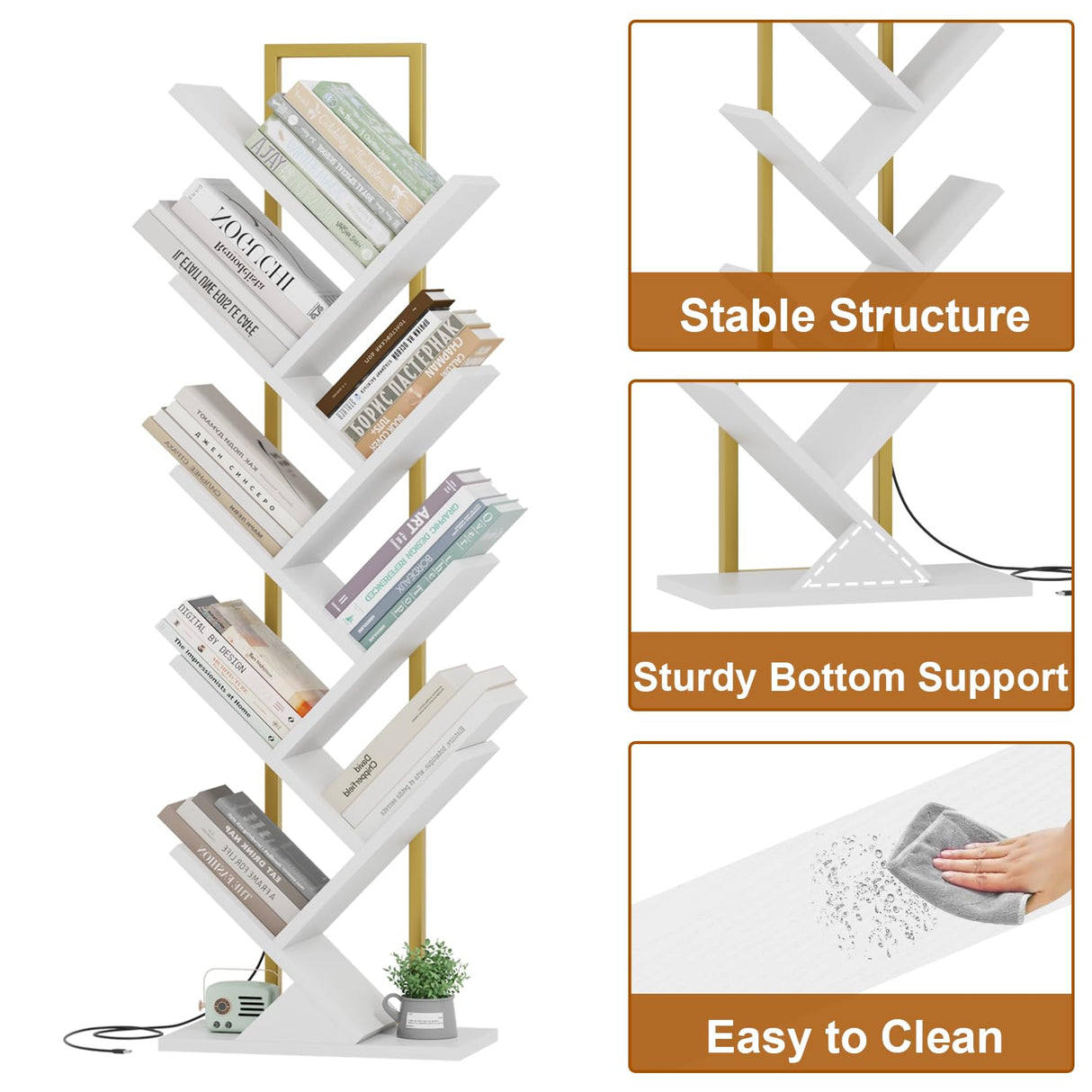 Qupui Bookshelf with LED Lights, 9 Tier Tree Bookshelf, Floor Standing Bookcase, Classical Corner Bookshelf Kids Bookshelf, Tall Bookshelf, White Book Shelf for Bedroom, Living Room, Home Office Qupui