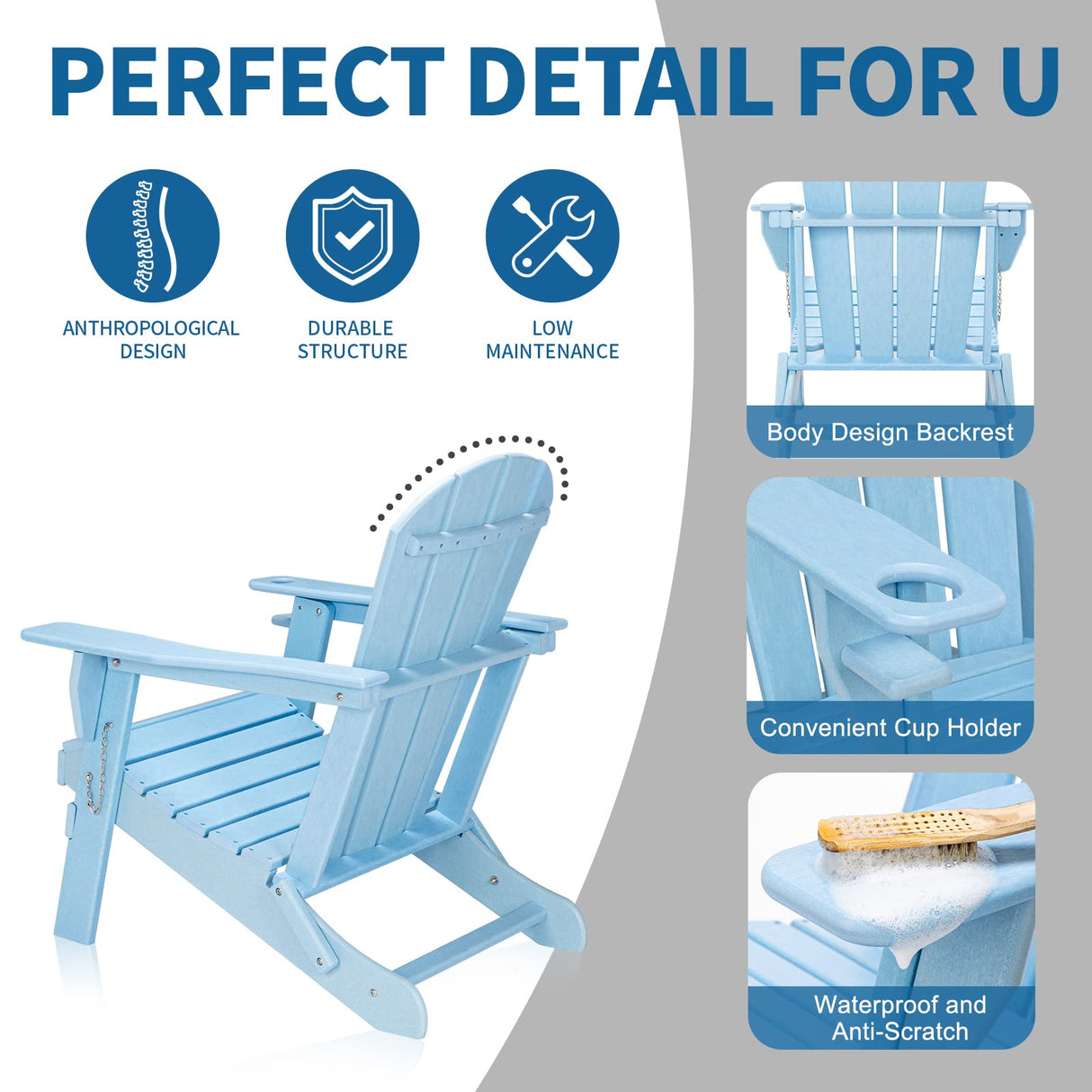 VINGLI Plastic Adirondack Chairs Set of 2, Folding with Cup Holder, Waterproof HDPE Material, Comfortable 380lb Weight Capacity for Outdoor Pool Patio Lounge Chair Lawn Furniture Firepit (Blue) VINGLI