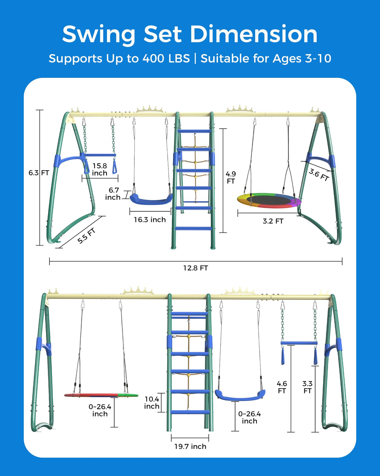 SPORTSWIN 6in1 Outdoor Metal Swing Sets for Backyard for Kids with Heavy Duty Frame (Green) SPORTSWIN