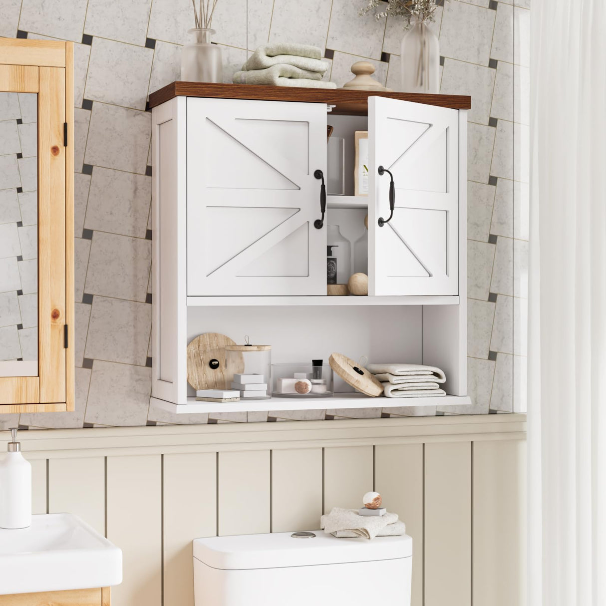 Mino Kesper Bathroom Wall Cabinet with Barn Doors, Wall Mounted Bathroom Storage Cabinet, Farmhouse Style, Adjustable Shelf, Wall Mounted, 23.6 x 7.9 x 23.9 Inches Mino Kesper