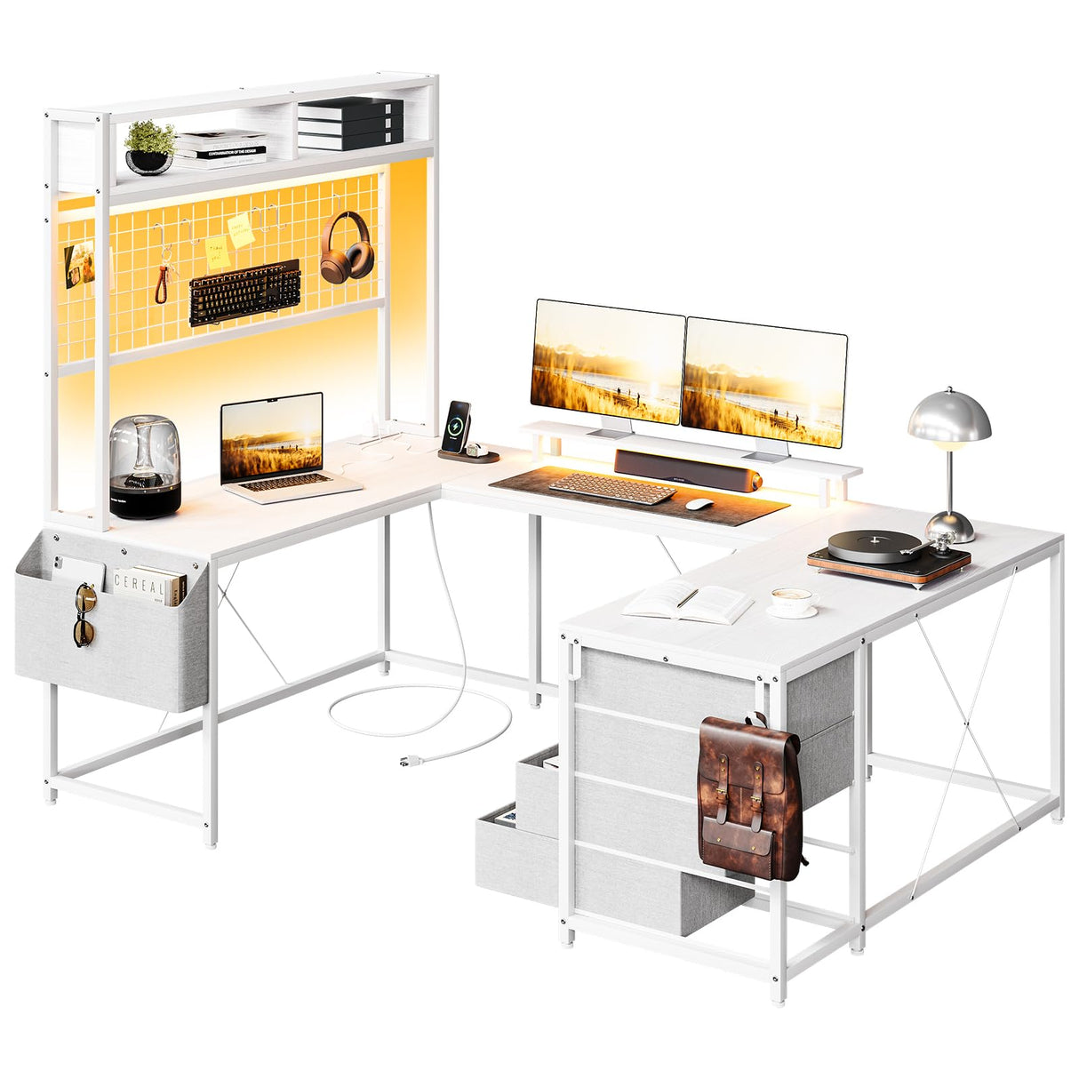 Sunvasagoo U Shaped Desk, 78" Reversible L Shaped Computer Desk with Monitor Stand and LED Lights, Large Office Desk with 4 Storage Cabinets, Corner Game Table with Power Outlets, White Sunvasagoo