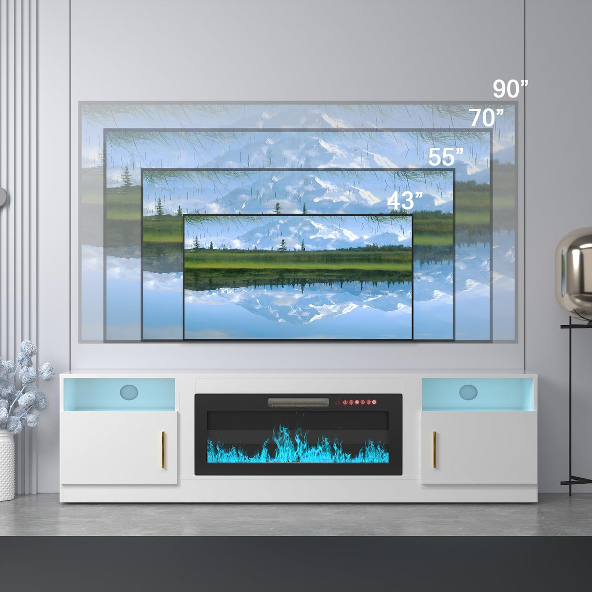 VENDORZ TV Stand with Fireplace, 36" Fireplace TV Stand LED Entertainment Center with Fireplace, 80 Inch Modern Electric Fireplace TV Stand for Living Room, White TV Stand with Fireplace Up to 90" TVs VENDORZ