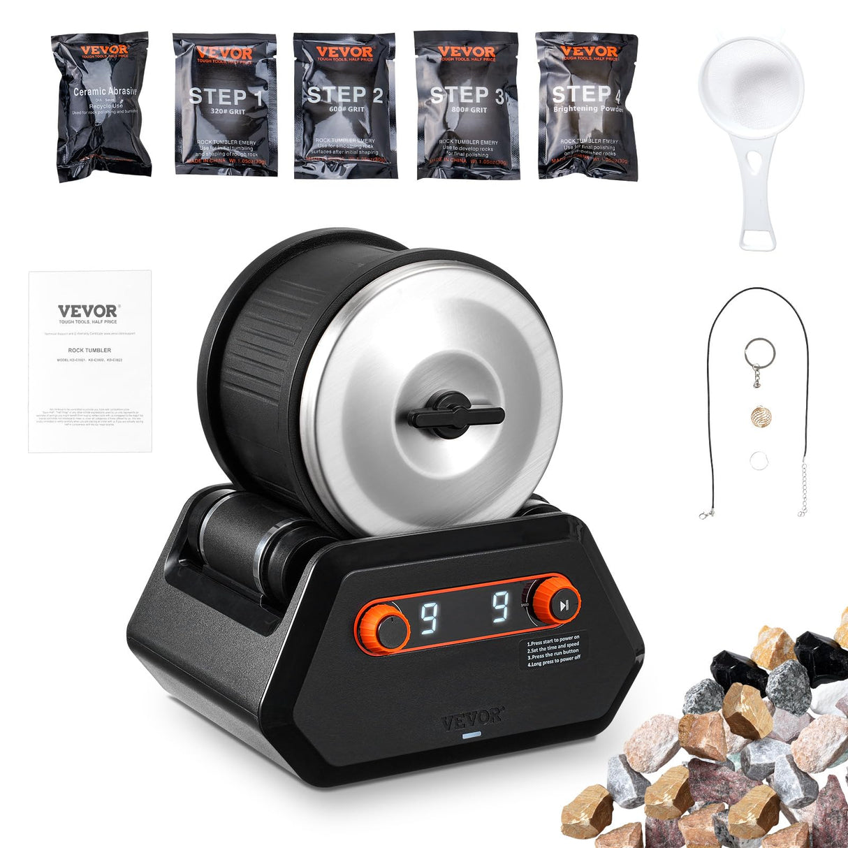 VEVOR Rock Tumbler Kit, 4 lbs Rock Polishing Kit, 9 Speed Settings 9-Day Polishing Timer Stone Polishing Kit, Rock Polisher with Rough Gemstones and Polishing Grits, Rock Polisher for Kids Adults VEVOR