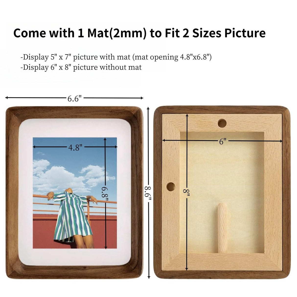 FLECHAZO 6x8 Picture Frame Wood with 5x7 Mat, Natural Solid Walnut Wooden 6 by 8 Photo Frames for Tabletop or Wall Mounting Display FLECHAZO