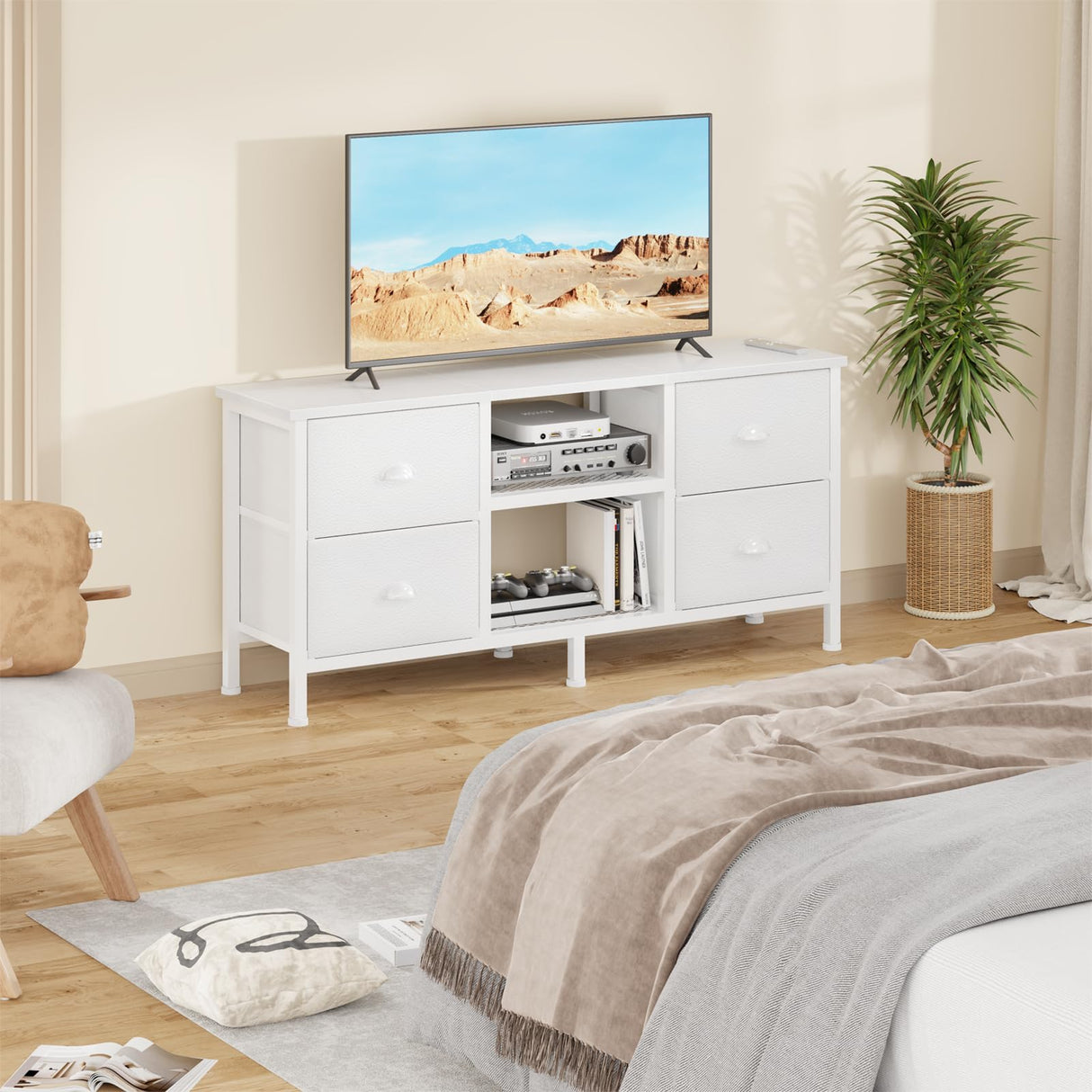 Furologee TV Stand Dresser with 4 Drawers, Entertainment Center with Open Shelf, Small TV Console Table for 50" TV, Media Center for Bedroom, Living Room/White Furologee