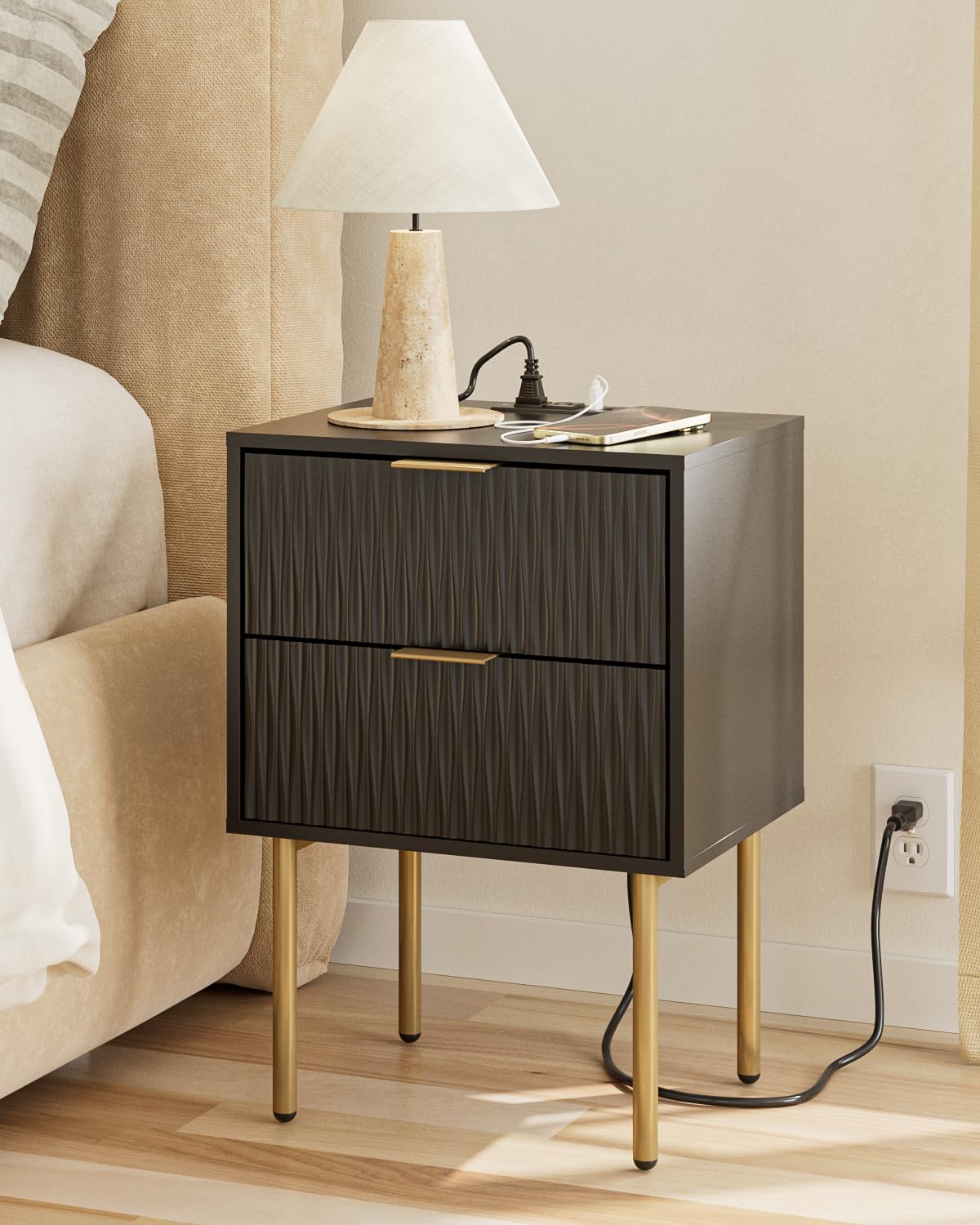 Aienvey Night Stand Charging Station, Modern Bedside Table with Storage 2 Drawer and Open Wood Shelf, Night Stand, End Table for Bedroom, Living Room, Black Aienvey