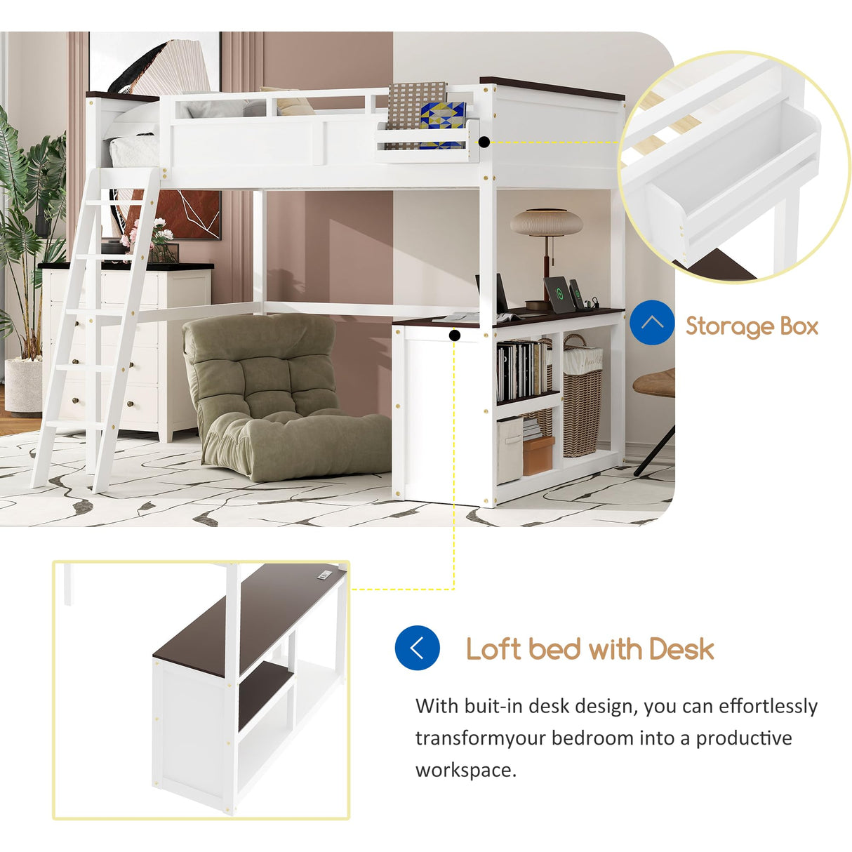 Linique Queen Size Loft Bed with Built-in Desk, Storage Box, Open Shelves and USB Charging Station, Space-Saving Wooden Loft Bed Frame for Teens, Adults & Small Bedrooms (White) Linique