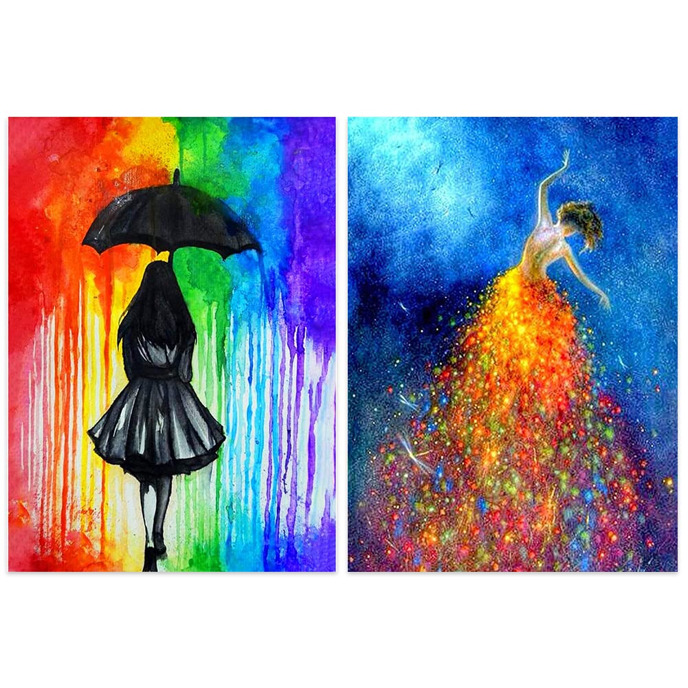 2-Piece DIY 5D Diamond Art Set for Adults or Children, Full Diamond Painting Set with the Theme of Girls Dancing with Stars and Girls in the Rain, Perfect Art Crafts for Home Wall Decoration 12"x16" OFRKE