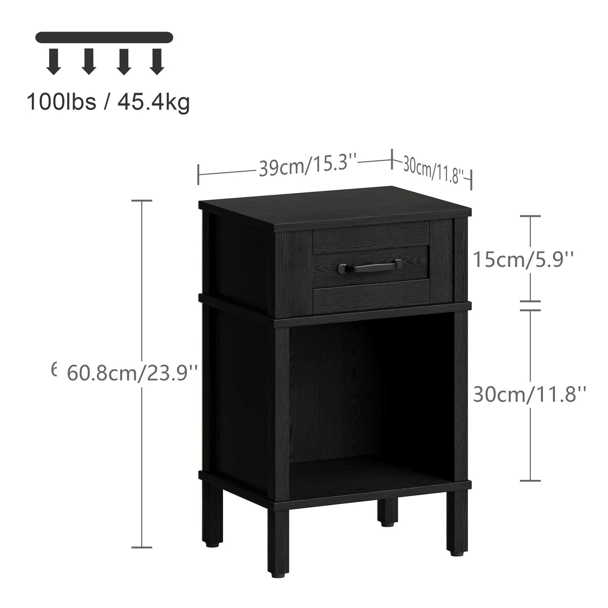 Farmhouse Nightstand with Drawer, Wood Bedside Table with Open Shelf, Modern Bedside Cabinet for Bedroom, Small End Table, Side Tables with Storage Shelf for Bedroom Black LET512B YAUKTAK