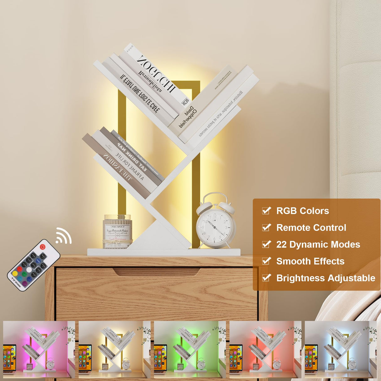 Qupui Tree Bookshelf with LED Lights, 3 Tier Floor Standing Bookcase, Classical Corner Shelf Kids Bookshelf, Tall Wood Book Storage for Bedroom, Living Room, Home Office, White Qupui