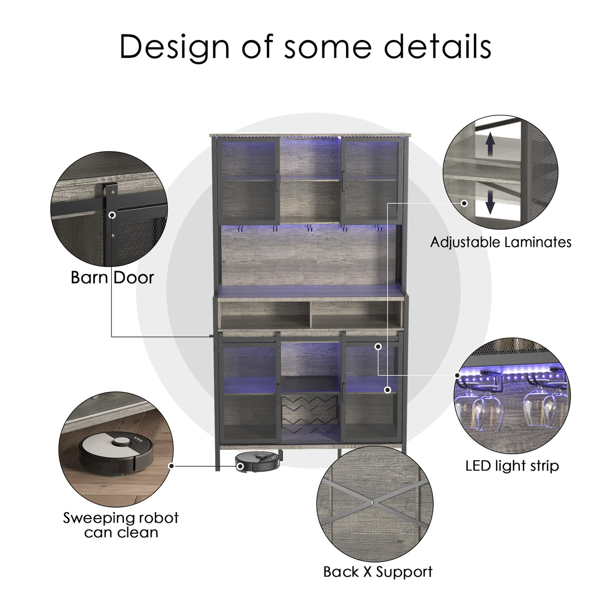 QNICE 71" Dark Rustic Oak Industrial Kitchen Hutch with Sliding Barn Door and LED Lights QNICE