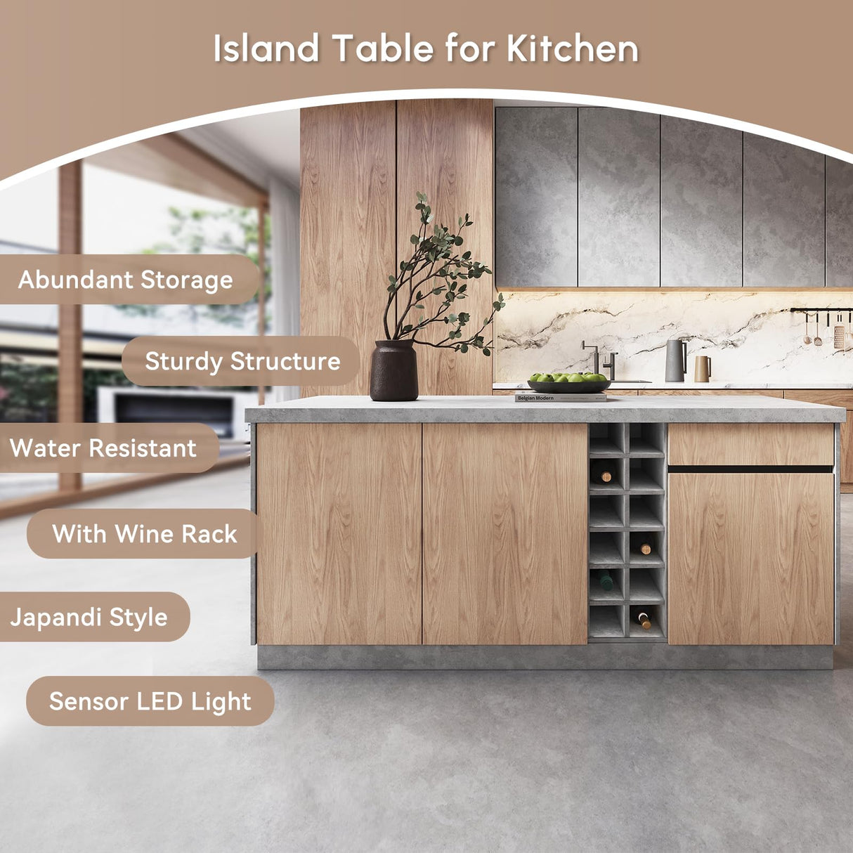homary 72'' Kitchen Island with Storage Gray Japandi Island Table with LED Light Wood Kitchen Cabinet with Drawers & Wine Rack homary