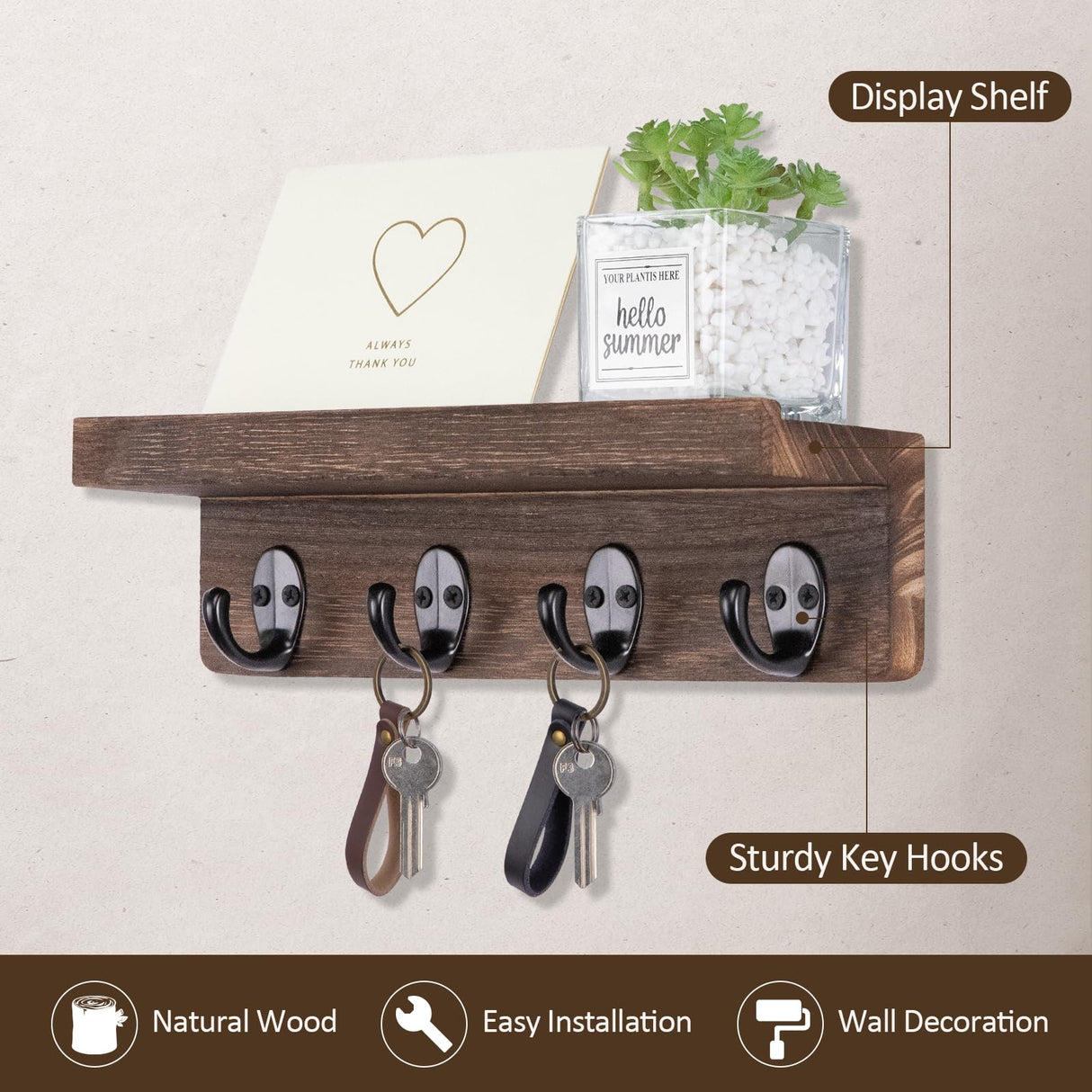 Nekon Key Holder for Wall Organization, Wooden Mail and Key Organizer for Entryway Hallway Kitchen Farmhouse, Key Holder Wall Mounted (Brown, 9.8 Inch) Nekon