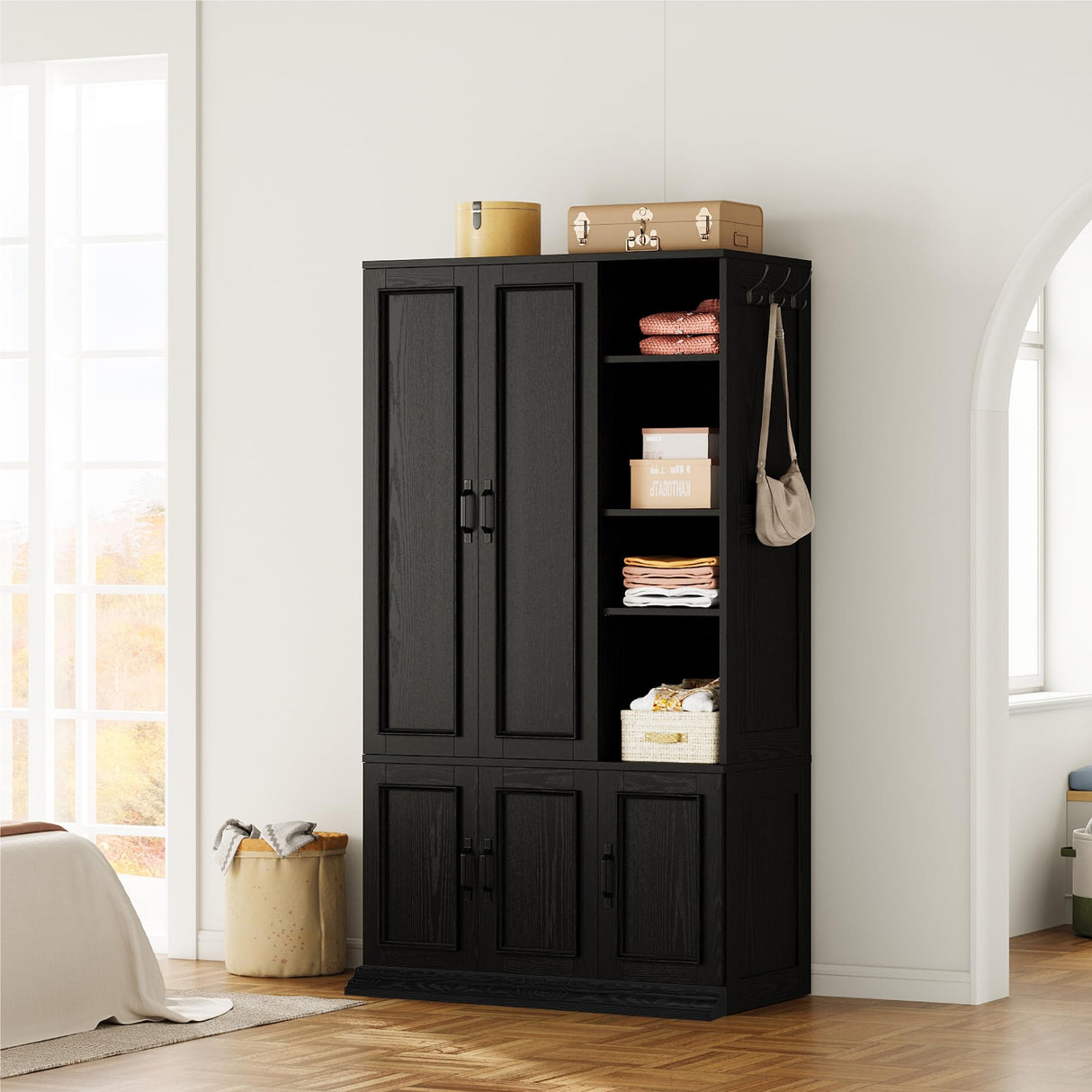 LIKIMIO Armoire Wardrobe Closet 70" H, 5 Doors Bedroom Wooden Wardrobe with 4 Storage Shelves and Hanging Rod, Clothing Storage Cabinet Organizer Combination, Black LIKIMIO