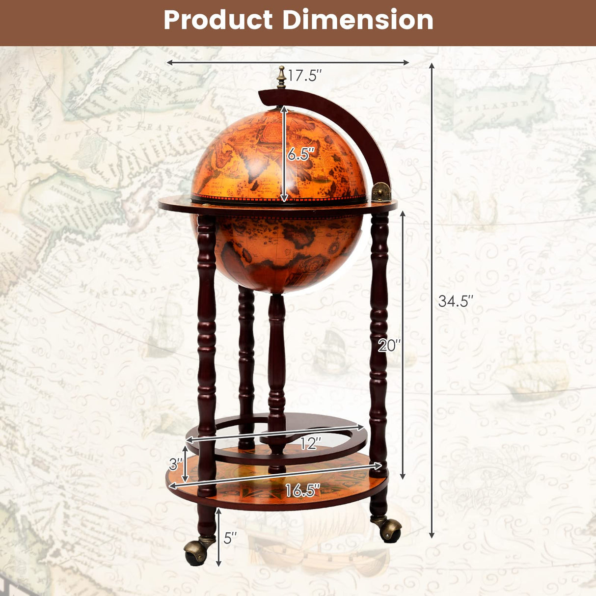 Goplus Globe Bar, 17.5” Globe Bar Liquor Cabinet with Wheels, Bottom Shelf, Old World Map, 16th Century Italian Replica Bar Globe, Retro Wine Stand, Goplus