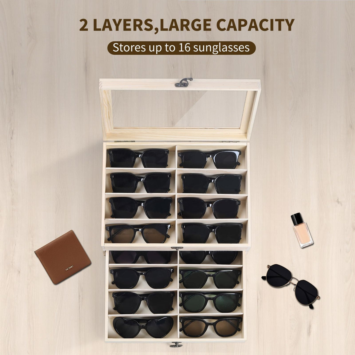 AUTOARK Pine Wood 16 Piece Eyeglasses Storage and Sunglass Glasses Display Drawer Lockable Case Organizer,DIY Colors,AW-187 AUTOARK