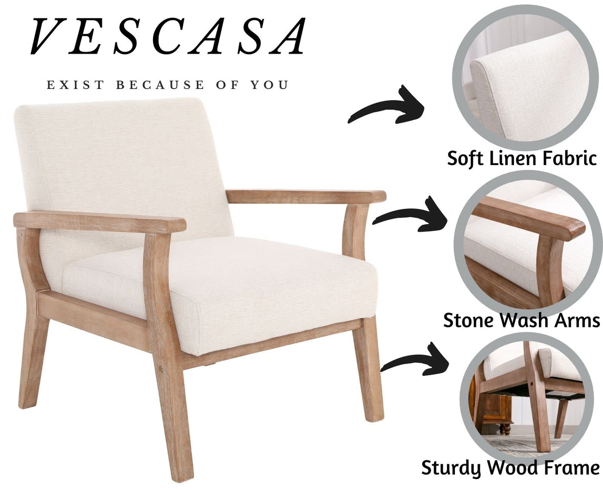 VESCASA 23.2" W Accent Chair with Arms, Comfy Farmhouse Side Chair with Upholstered Seat, Mid Century Modern Reading Chair with White Wash Wood Legs for Living Room/Bedroom, White Linen VESCASA