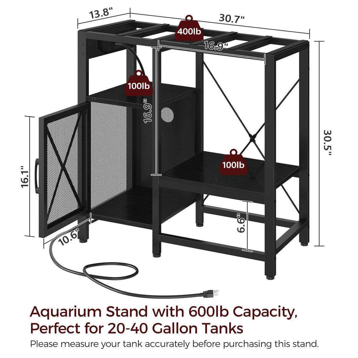 MAHANCRIS 20-40 Gallon Fish Tank Stand, Aquarium Stand with Power Outlet and Storage Cabinet, Heavy Duty Tank Stand Suitable for Turtle Tank, Reptile Terrarium, for Home Office, Black FTHB40E01 MAHANCRIS