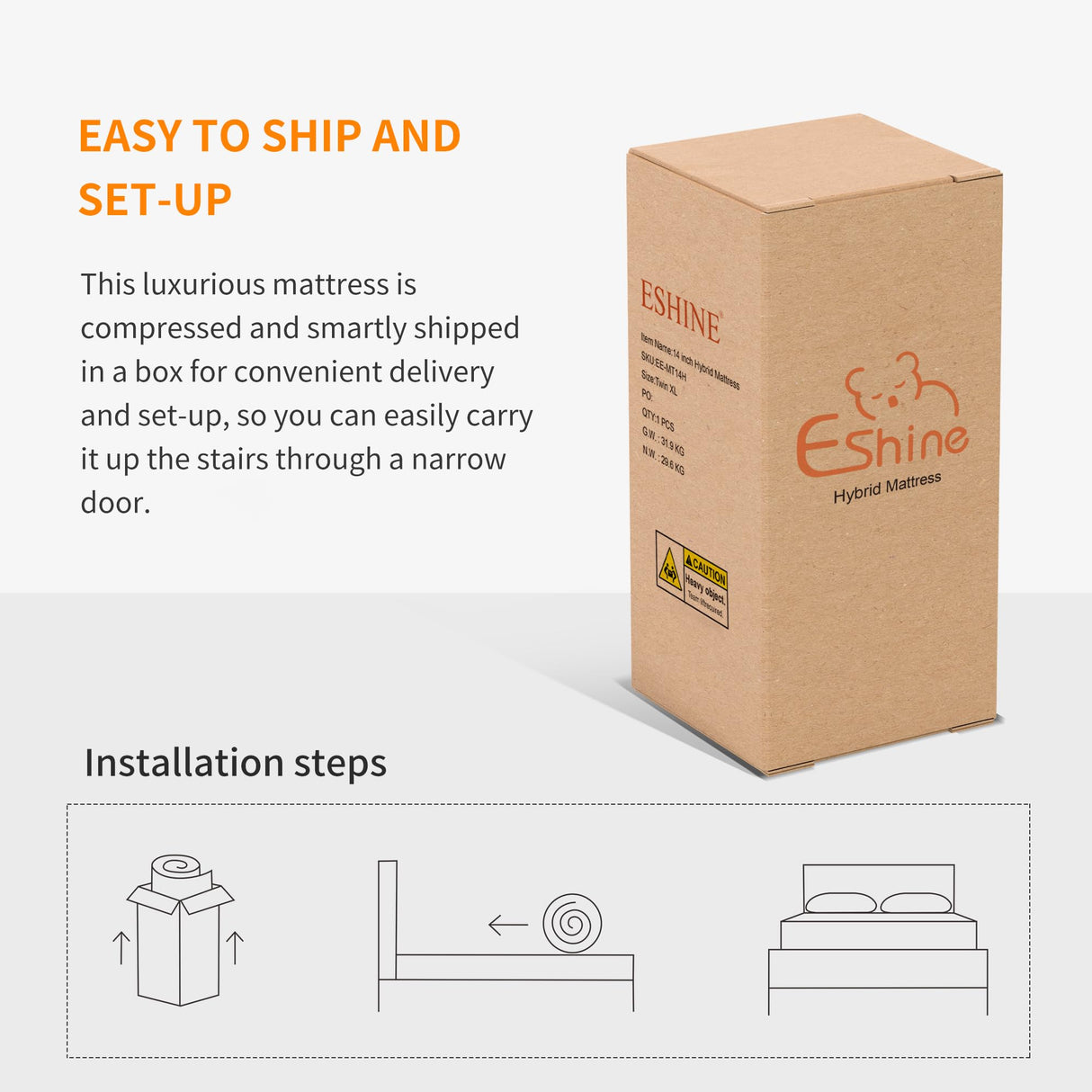 ESHINE Adjustable Bed Frame Split King + Luxury Gel Memory Foam Hybrid 12" Mattress(Medium), 5 Minutes Installation, Wireless Remote, APP Control, Head and Foot Incline, 2000 Series ESHINE