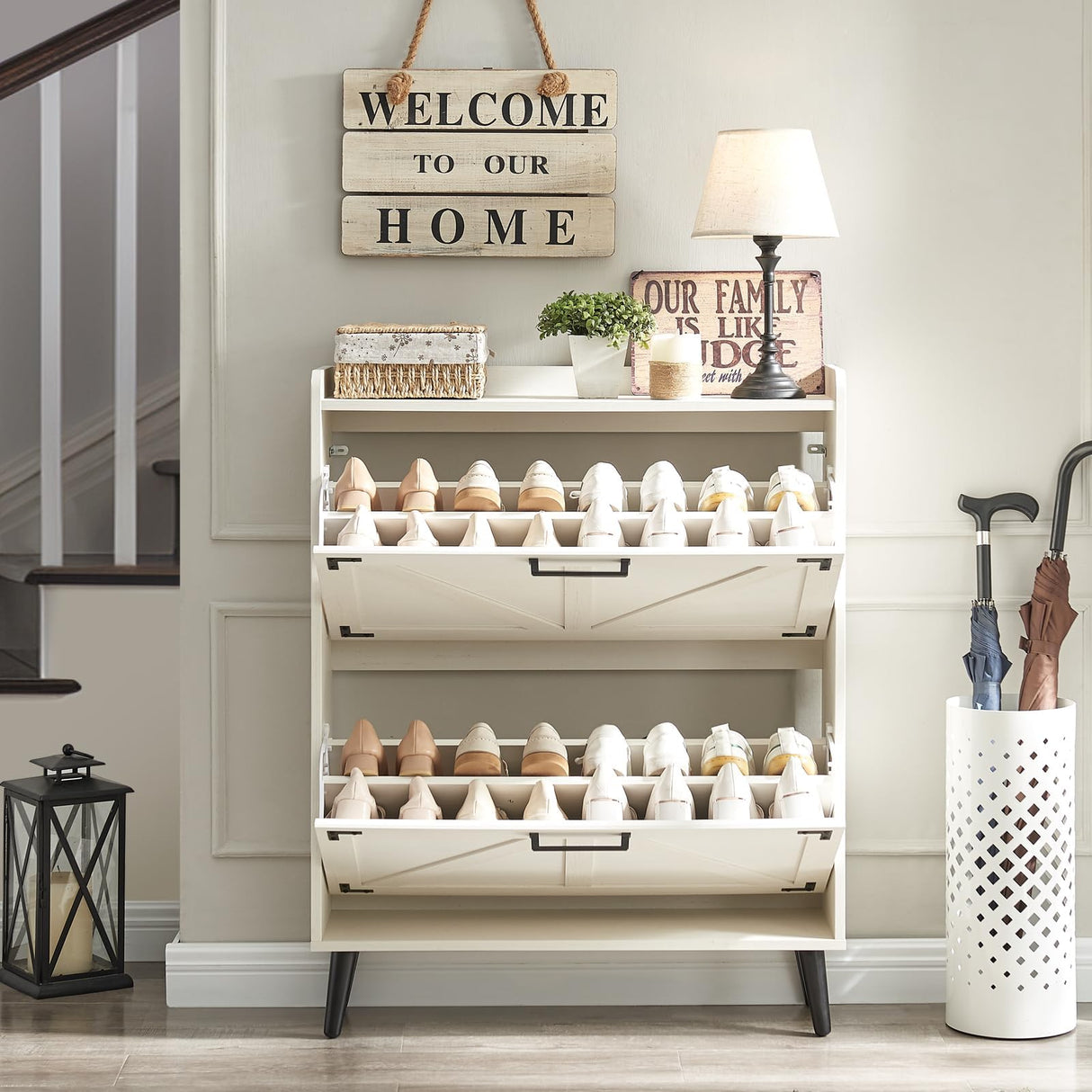 Barnyatoh Shoe Storage Cabinet with 2 Flip Drawers, Farmhouse Hidden Shoe Organizer, Narrow Slim Shoe Rack Cabinet for Entryway Hallway,Antique White Barnyatoh