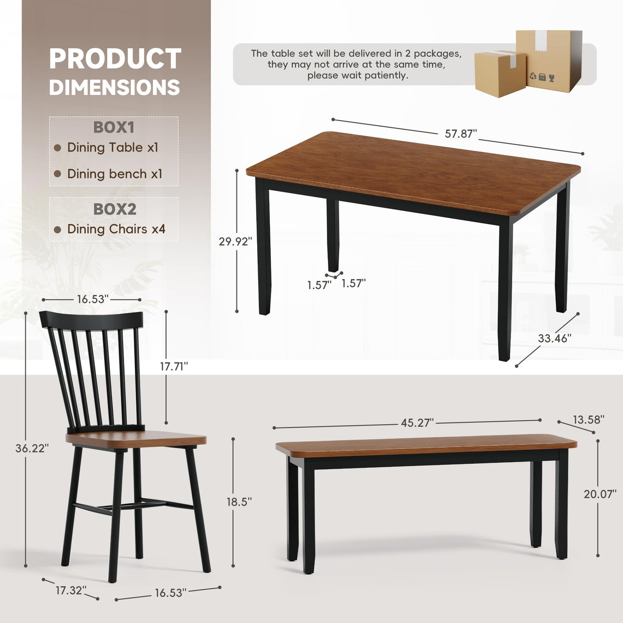 JUMMICO Solid Wood 6 Piece Dining Table Set, Modern 58"/W Kitchen Table Set for 6 with 4 Windsor Chairs & 1 Bench, Kitchen & Dining Room Sets for Kitchen, Restaurant (Brown & Black) JUMMICO