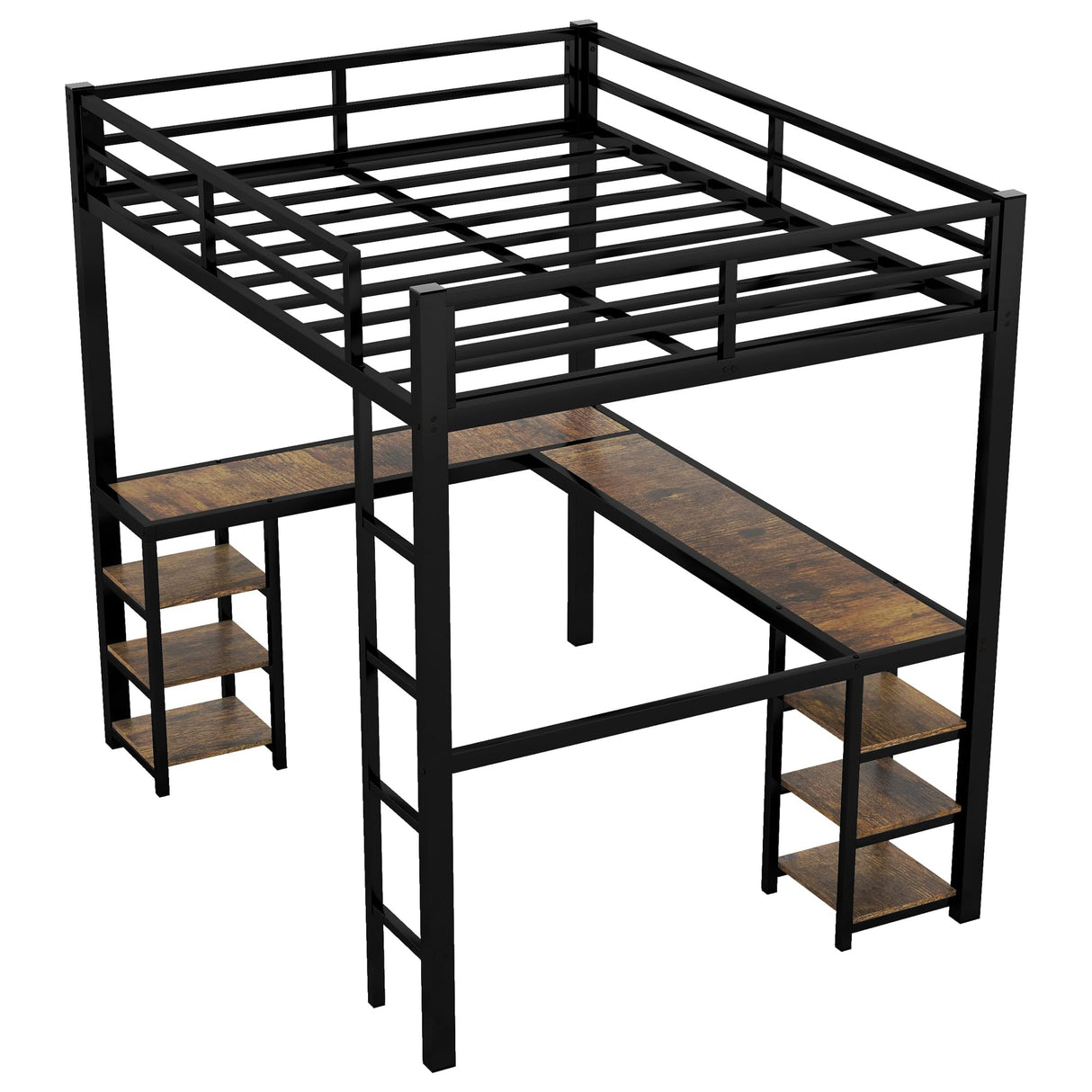 Full XL Loft Bed with Desk and Storage Shelves, Heavy Duty Loft Bed with Desk and Ladder, Full XL Loft Bed for Kids, Teens(Vintage Desk) Bellemave