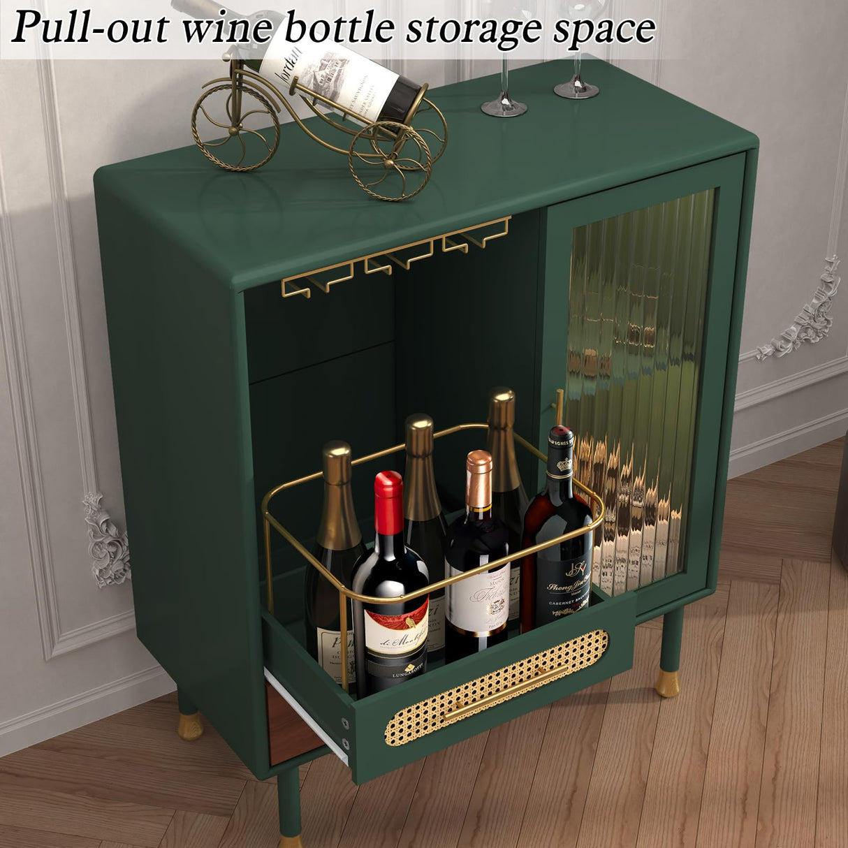 ARTPOWER Modern Coffee Bar Cabinet with Wine Glass Rack and Drawers, Green Liquor Cabinet with Pull-Out Wine Storage for Kitchen, Dining Room, Living Room ARTPOWER