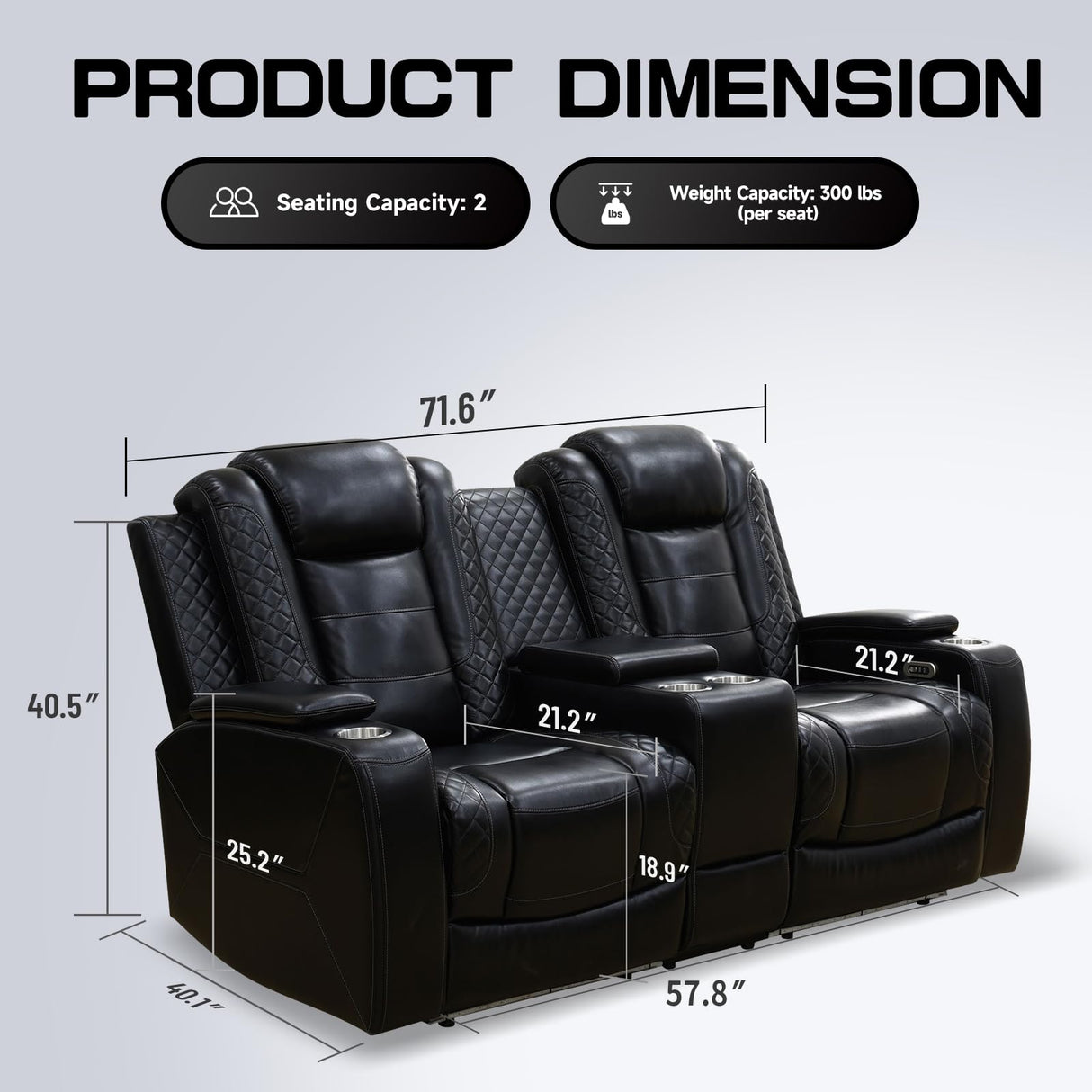 PU Leather Power Wall Hugger Chair Double Reclining Sectional Sofa 2-Seater Loveseat Couch with Center Storage Console & Armrests, USB Port, 4 Cup Holders and LED Light for Living Room RV Theater NicBex