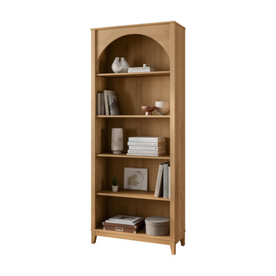 Prepac Ark 78" Tall 5-Tier Arched Bookcase in Natural Oak Veneer, Modern Storage Accent Bookshelf with 3 Adjustable Shelves for Home, Office, Living Room, Bedroom 78”H x 32”W x 13”D