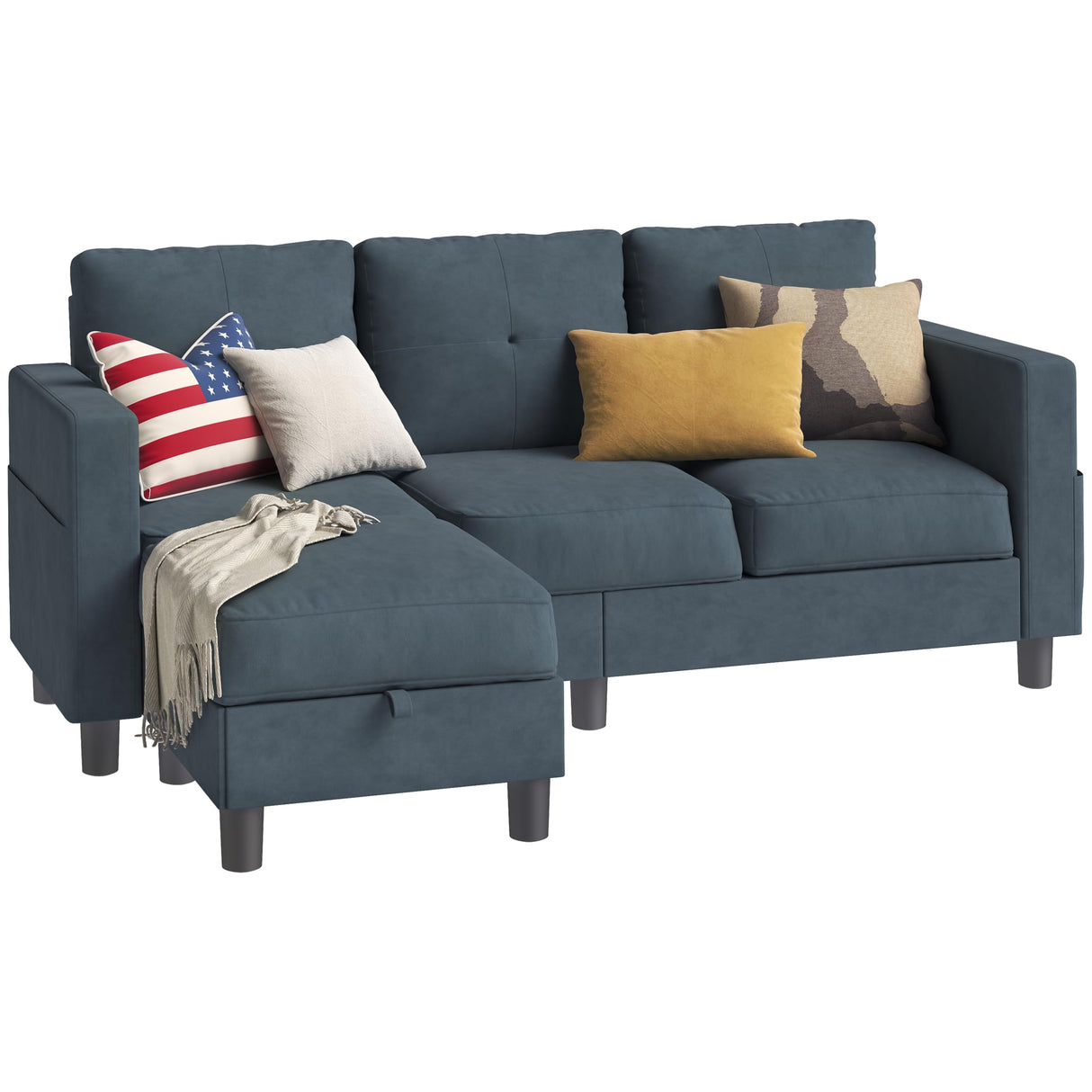 Shintenchi Small Sectional Couch with Ottoman, 3 Seat L Shaped Sofa, Fabric Upholstered Convertible Sofa Couches, Small Couch for Apartments, Living Room and Office(Dark Grey) Shintenchi