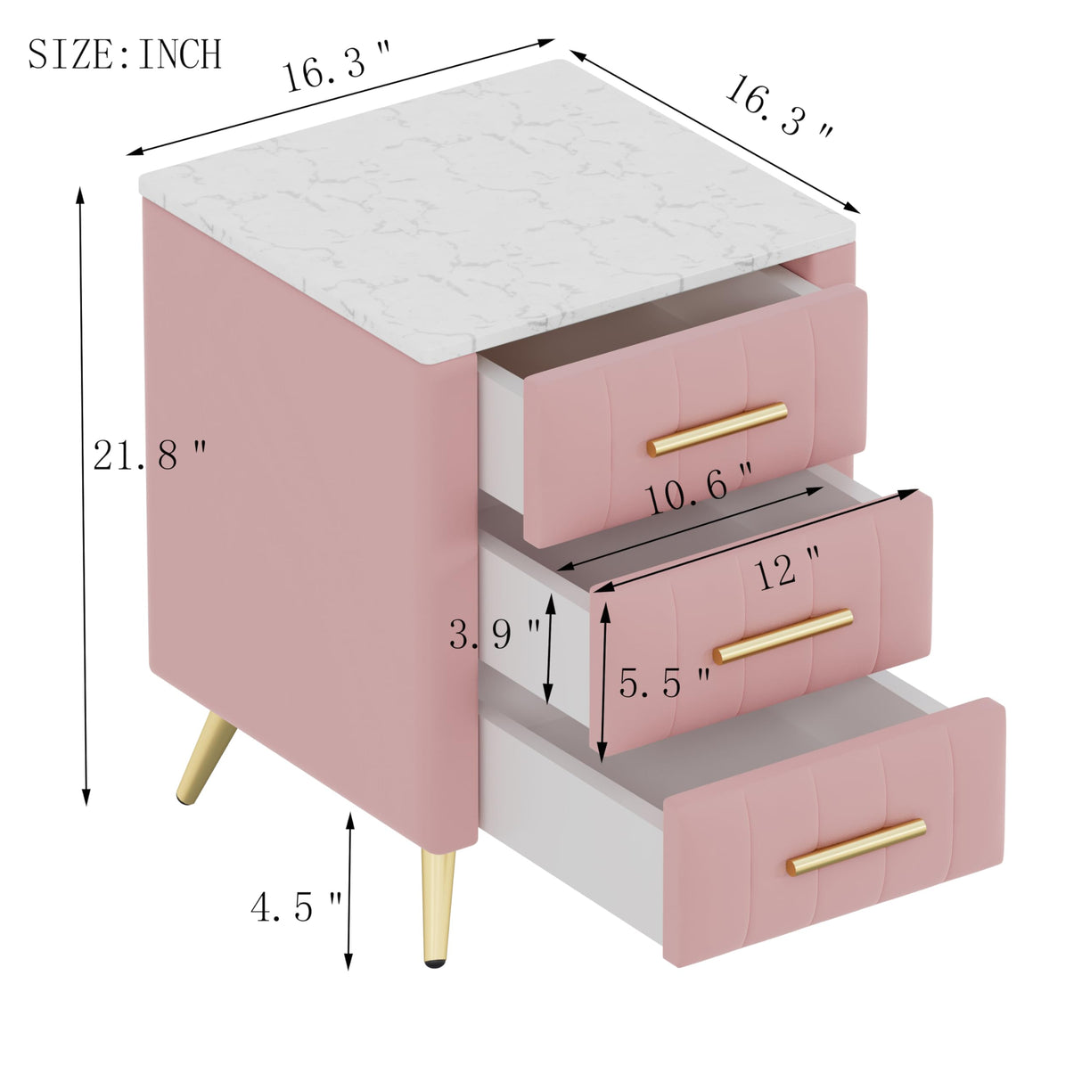 Merax Nightstand with Drawers Set of 2, Upholstered Wood Bedside End Table with Marbling Top, Pink Merax